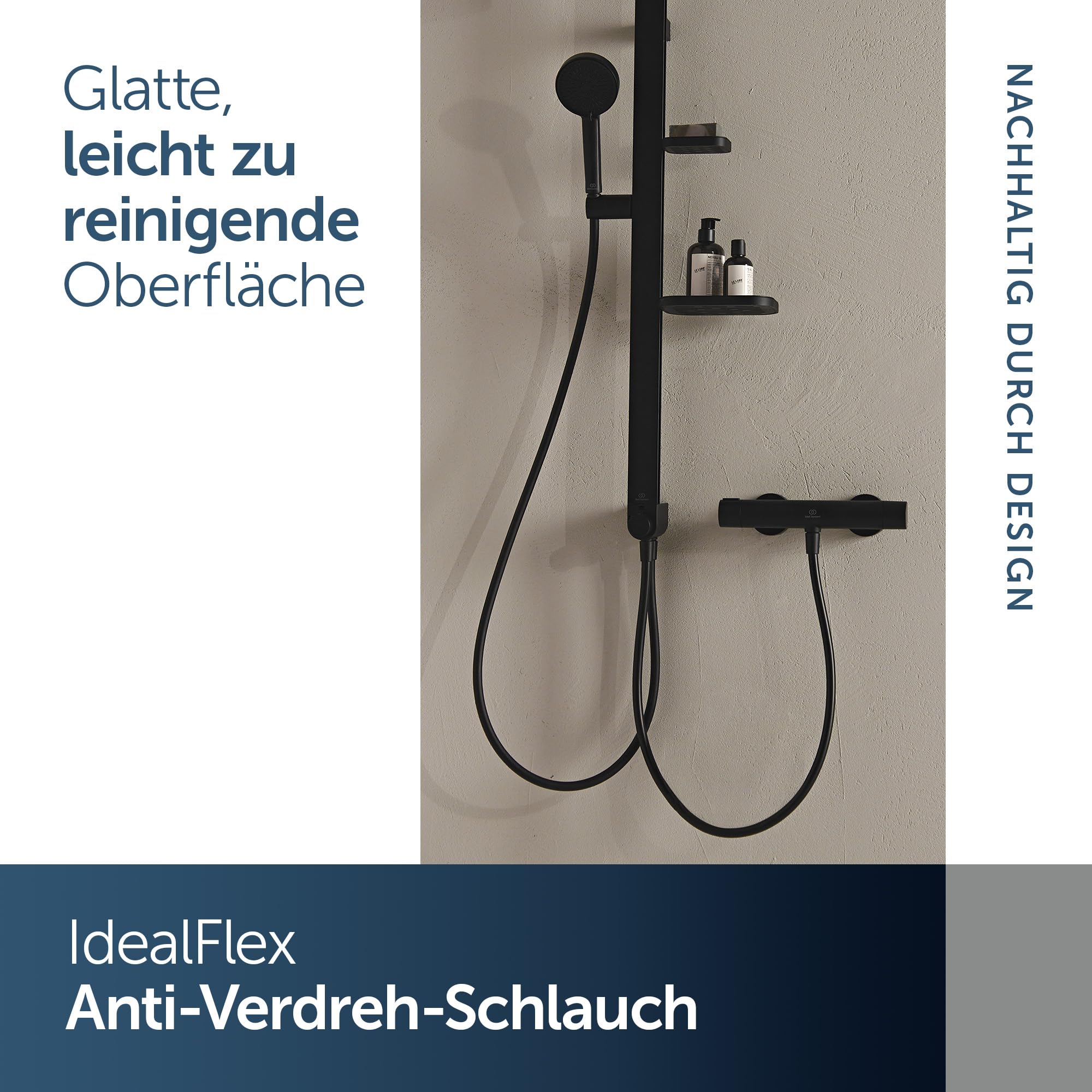 Ideal Standard Ceratwist Alu+ Duschsystem, hergestellt aus 100% recyceltem Aluminium, Wassersparende Brause mit variablen Strahlarten – Schwarz Matt (338x501x1104 mm)