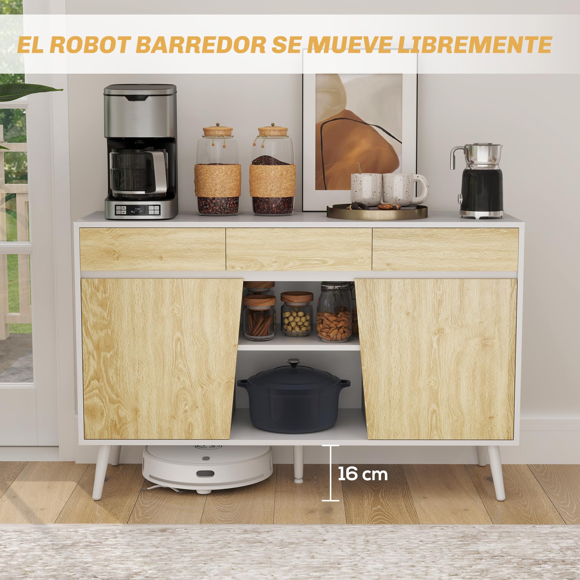 HOMCOM Aparador de 2 Puertas con 3 Cajones 120x39x77 cm Blanco y Natural | Aparador de Salón, Estantes, Mueble para TV, para Dormitorio, Sala de Estar
