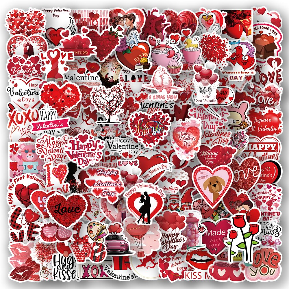Valentine's Day Stickers - 106 PCS Red Love Stickers for Adults & Kids - Waterproof Vinyl Valentines Decor & Party Favors