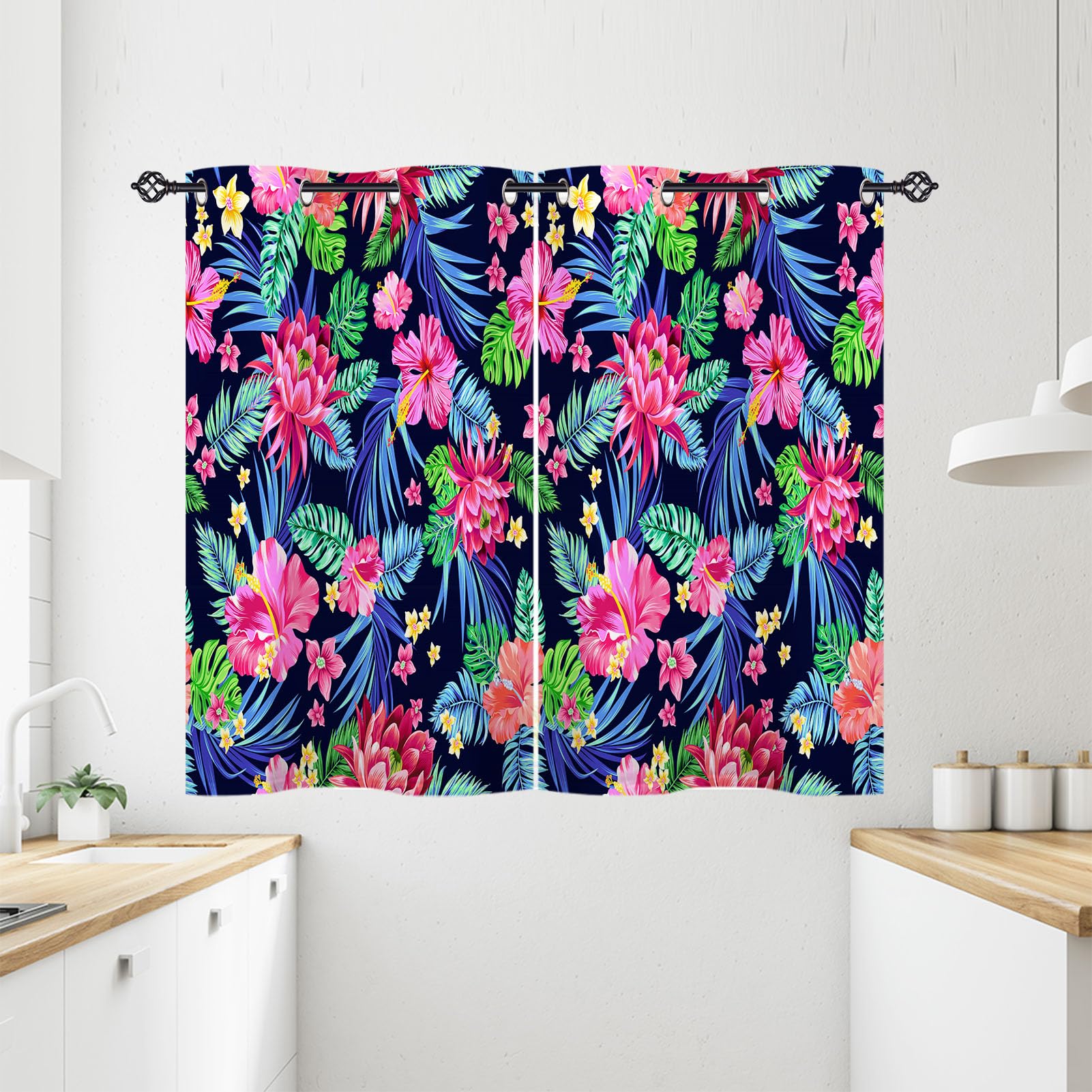 ANHOPE Tropical Curtains Eyelet Ring Top Blackout Thermal Insulated Curtains Exotic Plant Palm Leaf Flower Print Pattern Soft Window Drapes for Bedroom Living Room 28 x 54 Inch 2 Panels — image 1