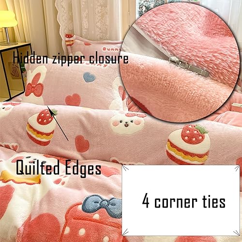 Miniatura 10 de MorroMorn Juego de ropa de cama individual, juego de funda de edredón de fresa rosa, manta de edredón esponjosa, ultra suave, linda para niñas,