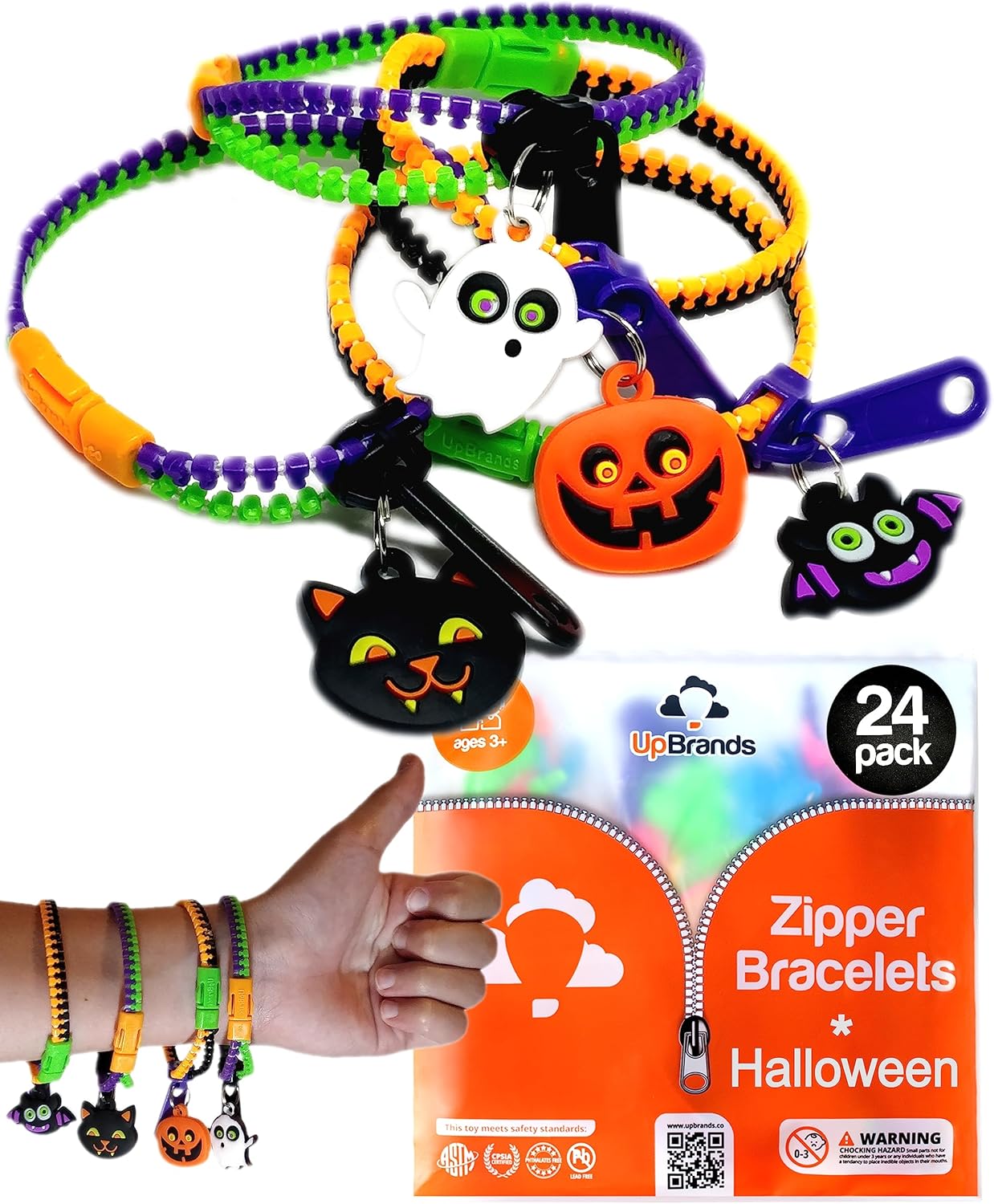 UpBrands Halloween Party Favor Zipper Bracelets for Kids – Fidget Toy Bulk Set for Party Prizes & Handouts, Treat Bag Stuffers & Pinata 24 Pack