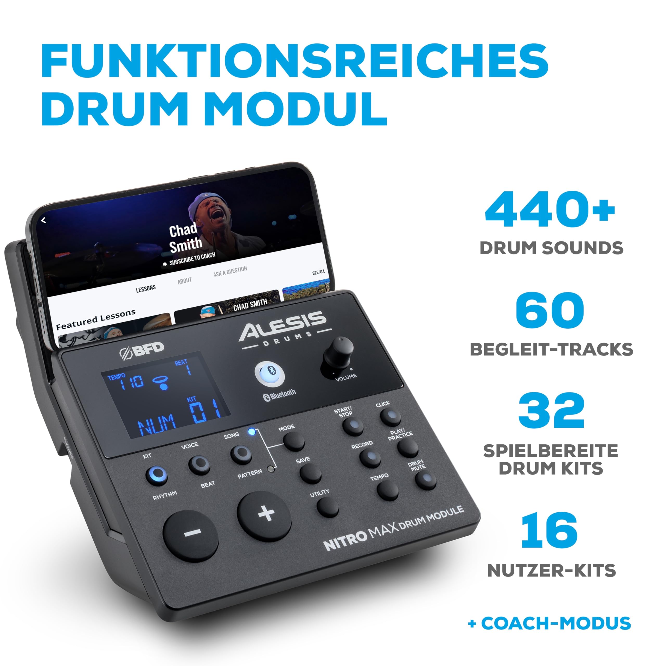 Alesis Nitro Max Kit – Kompaktes E-Drum Set mit leisen Mesh-Pads, 10" Dual-Zone Snare, Bluetooth, 440+ BFD-Sounds, Drumeo, USB MIDI, Fußmaschine