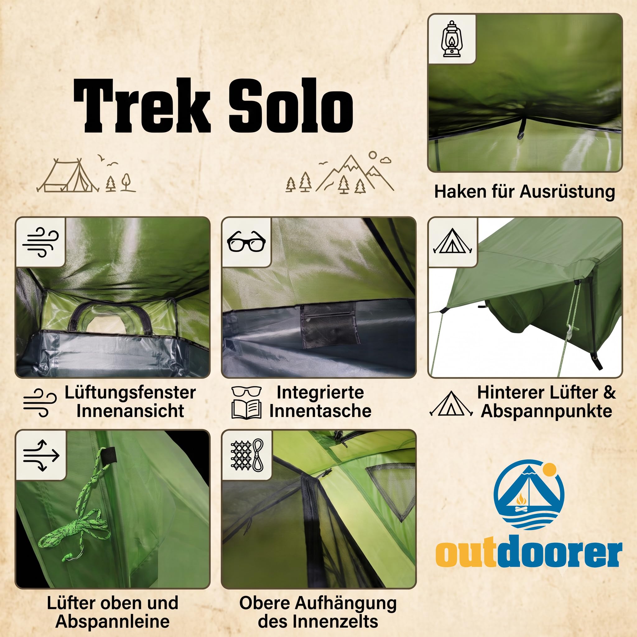 outdoorer Trek Solo Einmannzelt - 1,45kg leichtes Trekkingzelt, Schnellaufbau System, sehr kleines Packmaß, geräumiges 1-Personen-Leichtzelt für Trekking und Camping mit Apsis, Belüftung, grün.