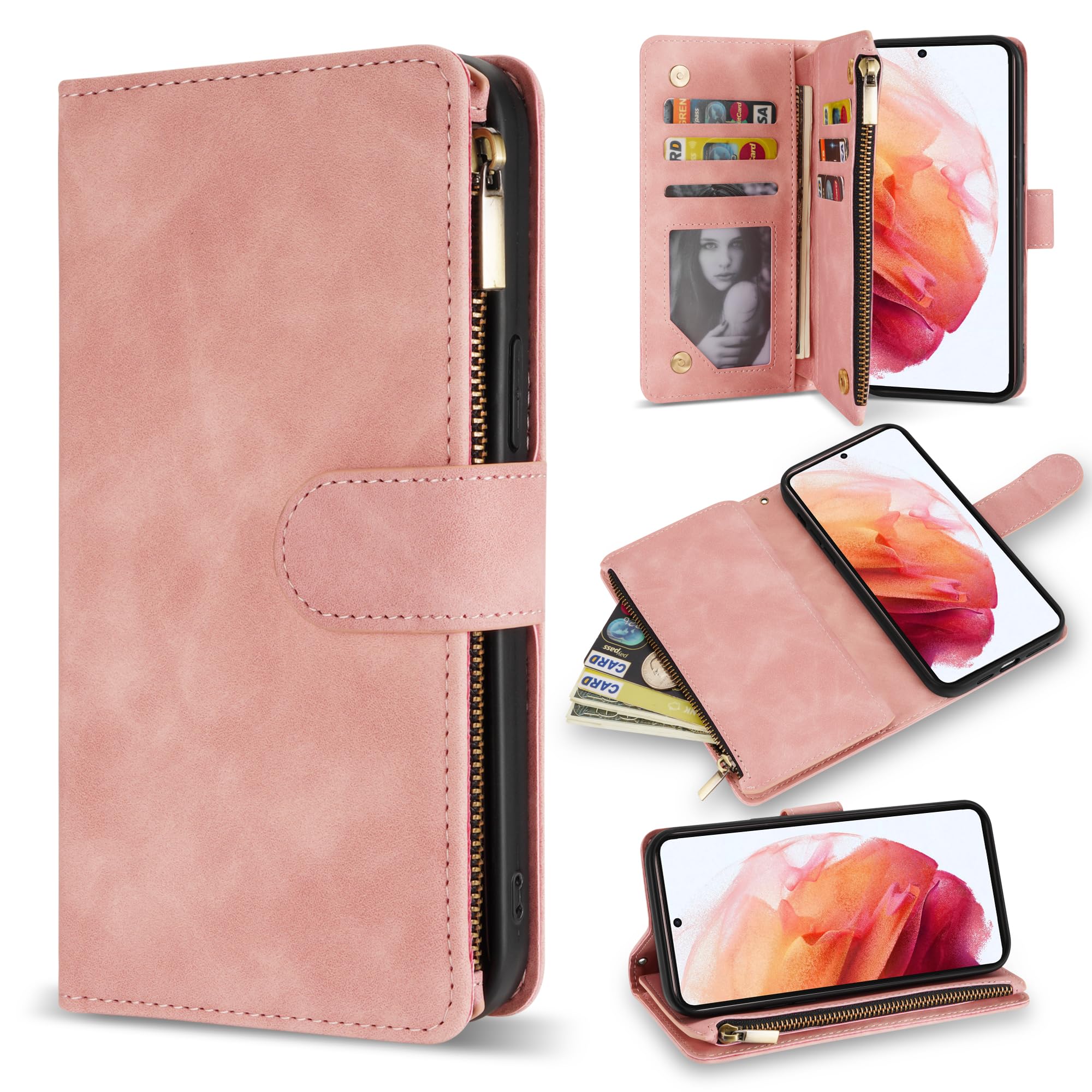 ZZXX for Samsung Galaxy S21 Wallet Case with Card Slot Premium Soft PU Leather Zipper Flip Folio Wallet with Wrist Strap Kickstand Protective for