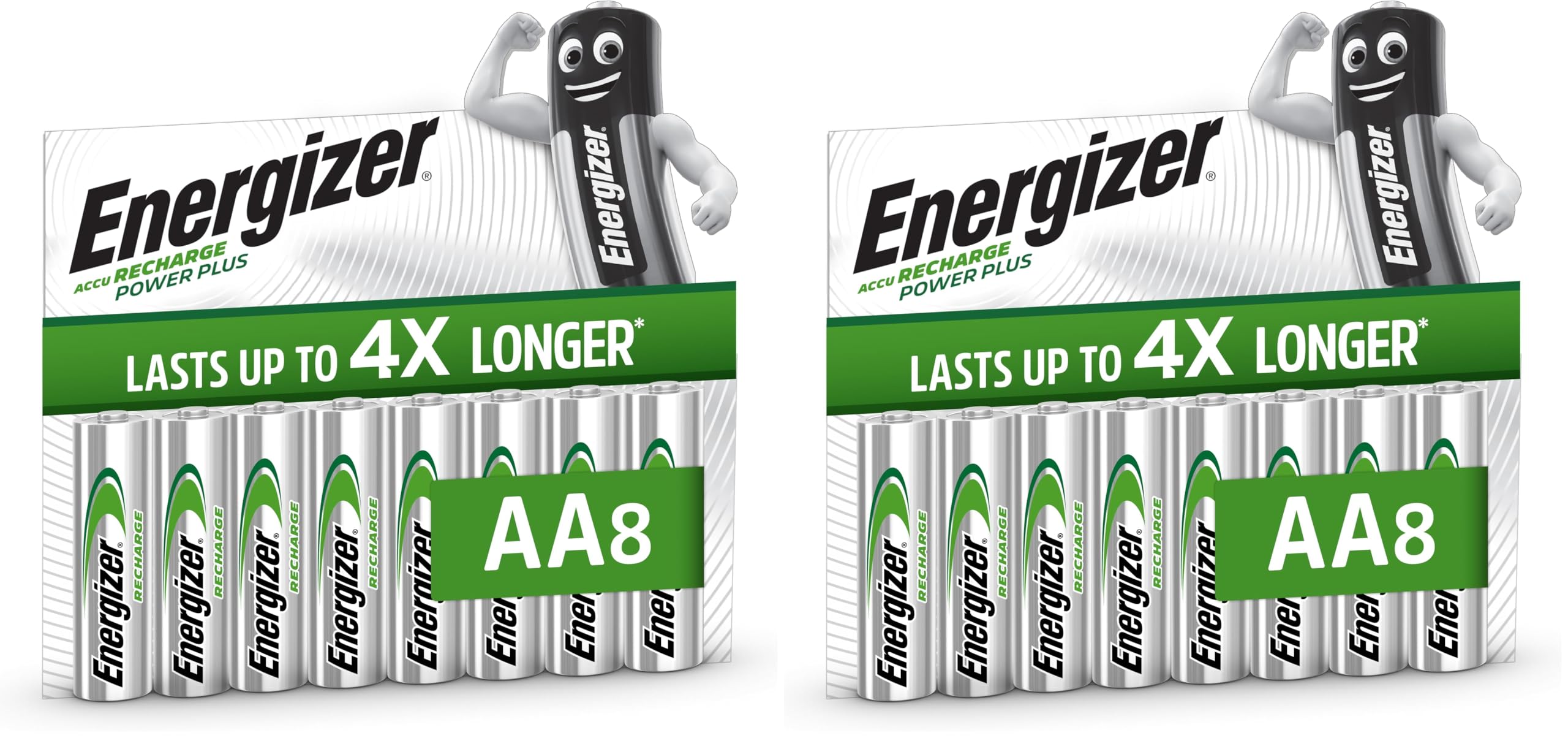 Energizer Recharge Power Plus - AA Akkus (8 Stück) - 2000 mAh NiMH Batterien - Bis zu 5 Jahre nutzbare Batterielebensdauer - Bis zu 1000 mal wiederaufladbar - 100% plastikfreie Recycelbar Verpackung