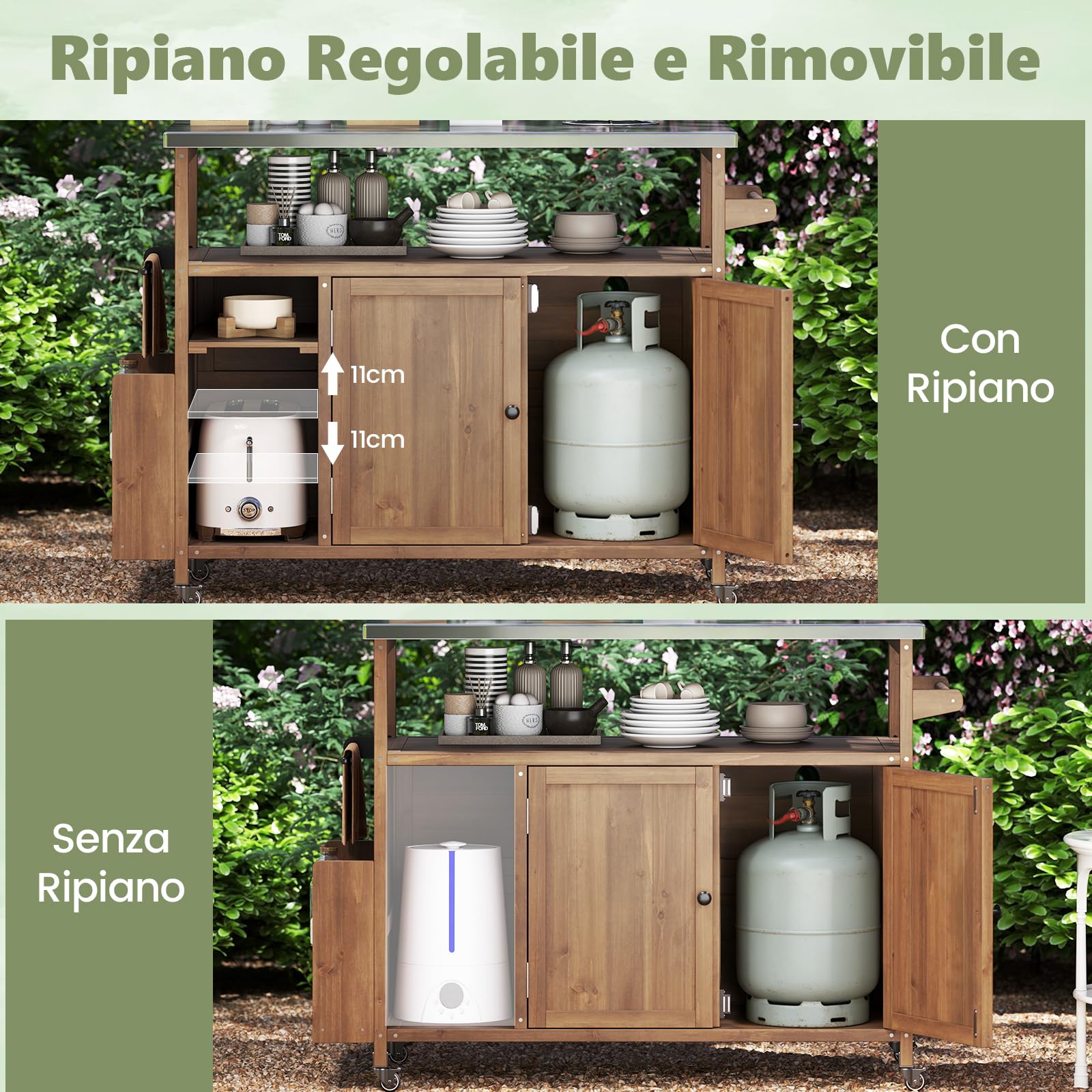 COSTWAY Carrello Barbecue Esterno, con Piano in Acciaio Inox, Isola Cucina in Legno di Abete con Ruote, Armadio, Ripiano Aperto e Scomparti, 130 x 47 x 92 cm