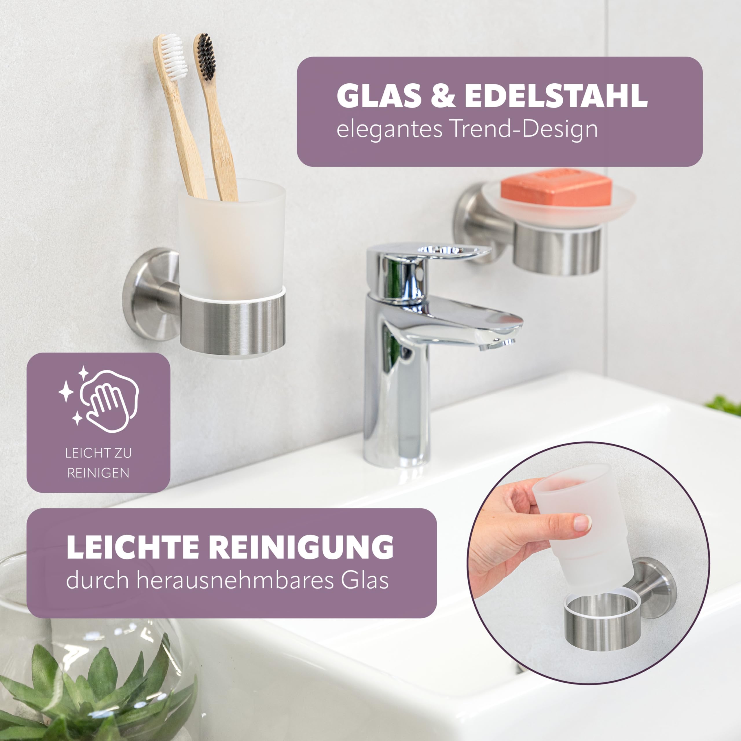 bremermann Bad-Serie Piazza - Glasbecherhalter, Zahnputzbecherhalter inkl. Klebeset und Wandhalterung, Becherhalter - Zahnbürstenhalter, aus satiniertem Glas und Edelstahl matt