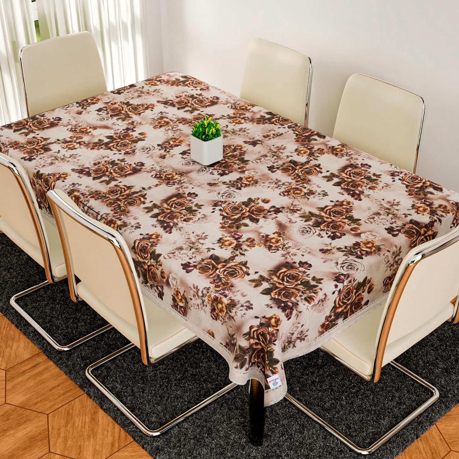 Kuber Industries Dining Table Cover with Lace|Table Cover 6 Seater|Flower Design|Jute Table Cloth 90x60 (Brown)