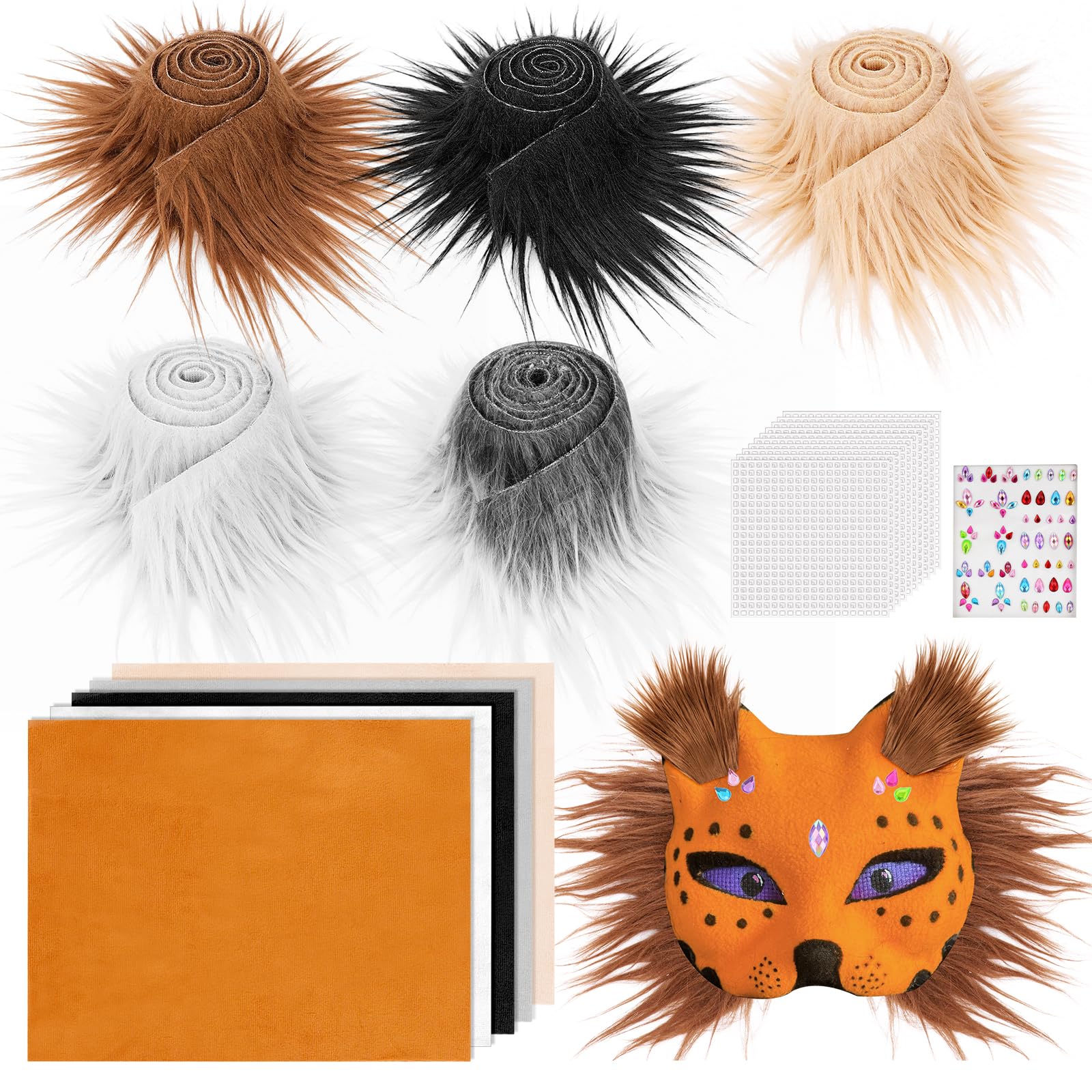 Yotako Therian Kit, Cat Mask Decorate Set with 5 Pcs Colors of Faux Fur and Self Adhesive Felt Sheet, 10 Pcs Eye Meshes and Gem Sticker, for DIY Craft Furry Therian Mask Cat Wolf Fox