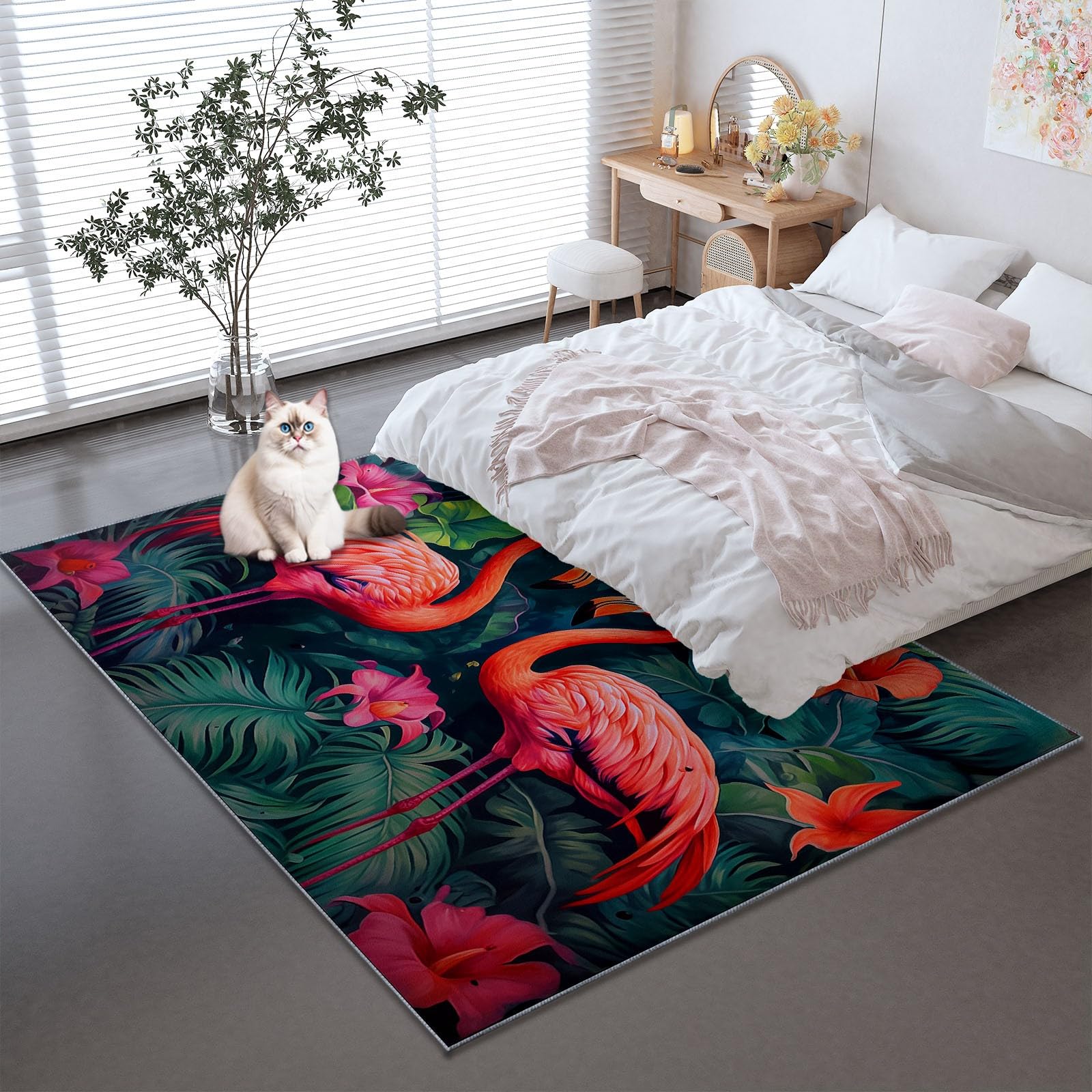 Dywan flamingotropowy, naturalny, miękkie krótkie runo, do salonu, sypialni, antybakteryjny, podkładka antypoślizgowa, klasyczna i czerwony proszek, z nadrukiem, 180 x 250 cm