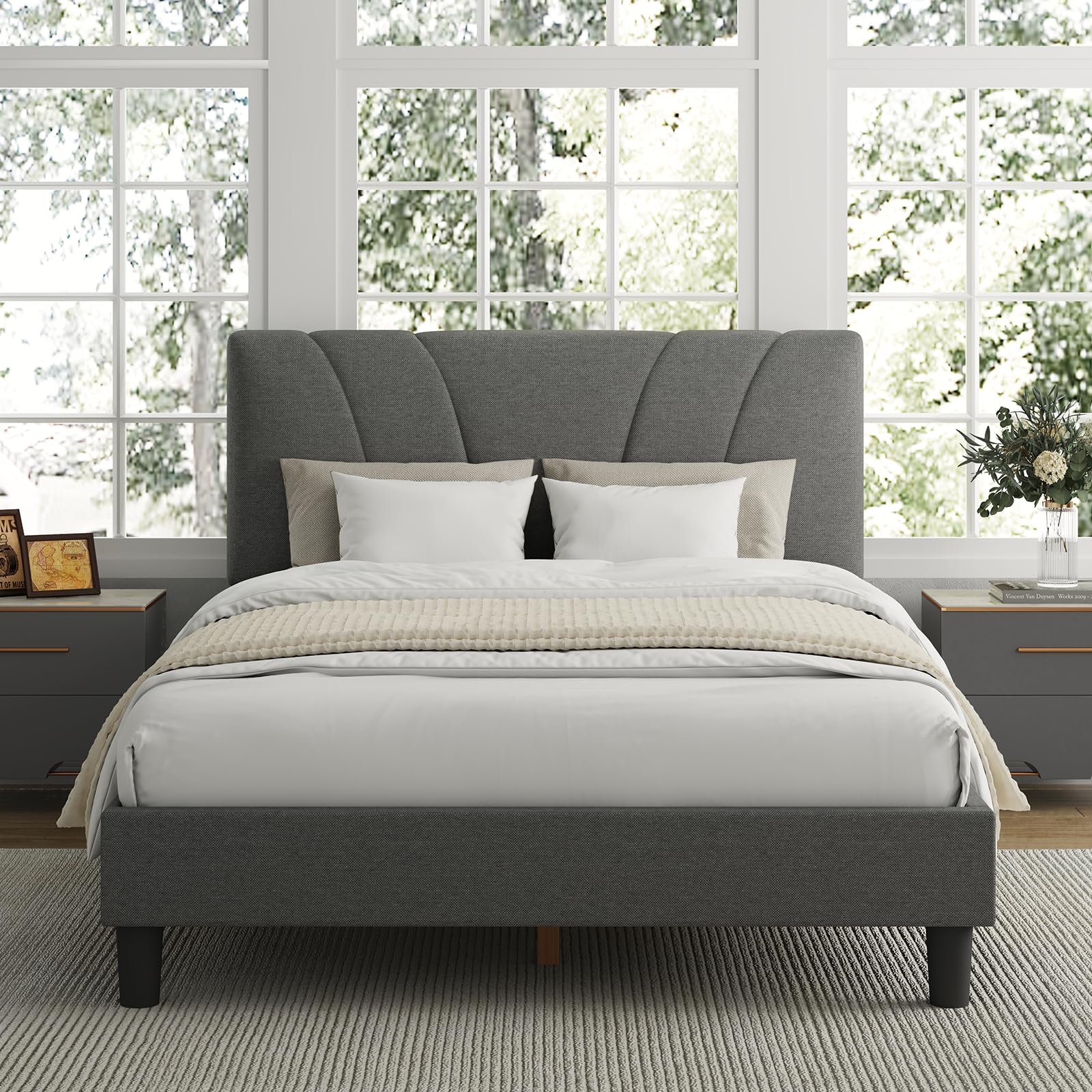 Avenco Queen Bed Frame, Upholstered Platform Bed Frame with Adjustable Headboard, Wood Slat Support, Easy Assembly, No Box Spring Needed, Light Grey