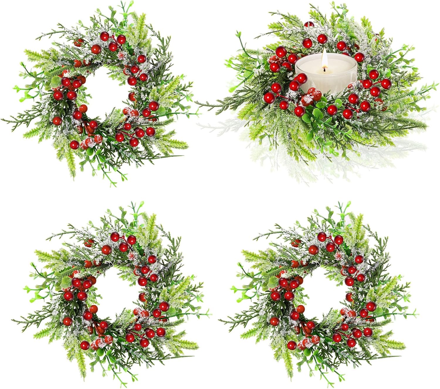 Christmas Candle Wreaths Rings Artificial Red Berries