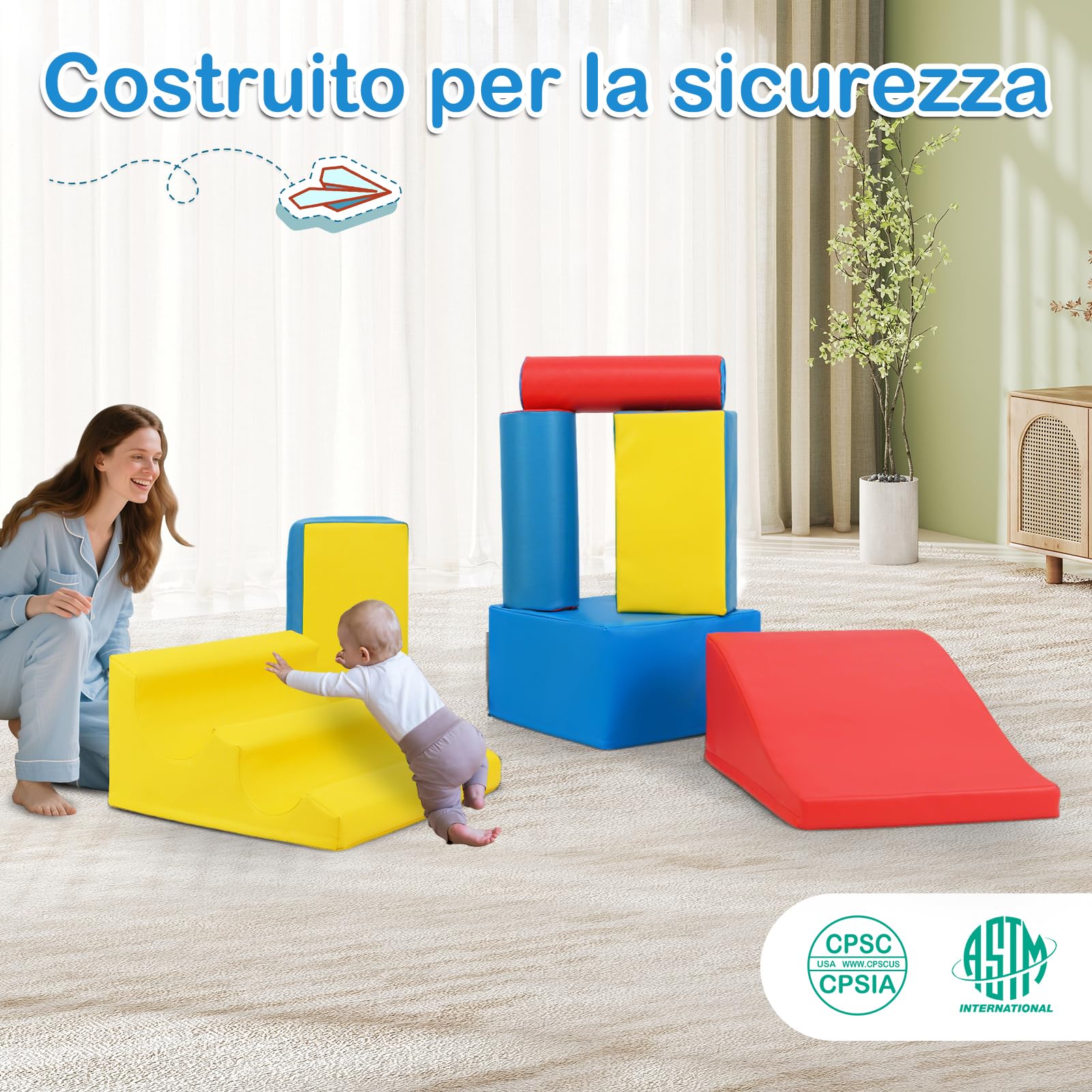 RELAX4LIFE Set 7 Blocchi da Arrampicata per Bambini, in Schiuma con Fissaggi a Strappo, Copertura Impermeabile, Base Antiscivolo, Centro Attività Indoor per Neonati di 1+ Anno