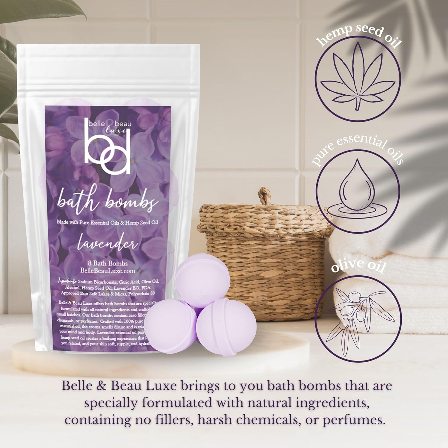 Belle & Beau Luxe Amber Vanilla and Lavender Hemp Bath Bombs - Made with Organic Hemp Seed Oil and Pure Essential Oils - 8 Count Each Scent - 16 Total