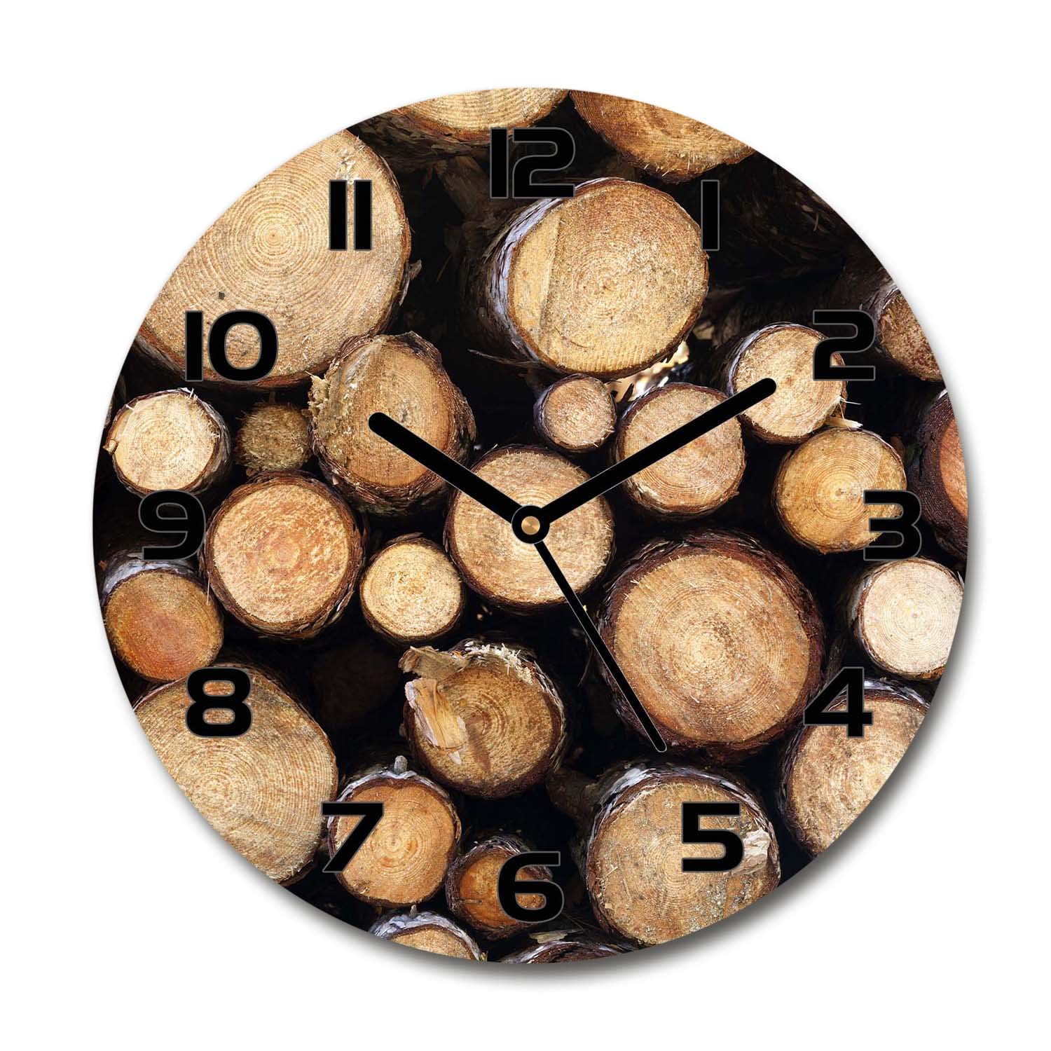 Horloge en verre 60x60cm Tulup avec impression bûches de bois et aiguilles noires