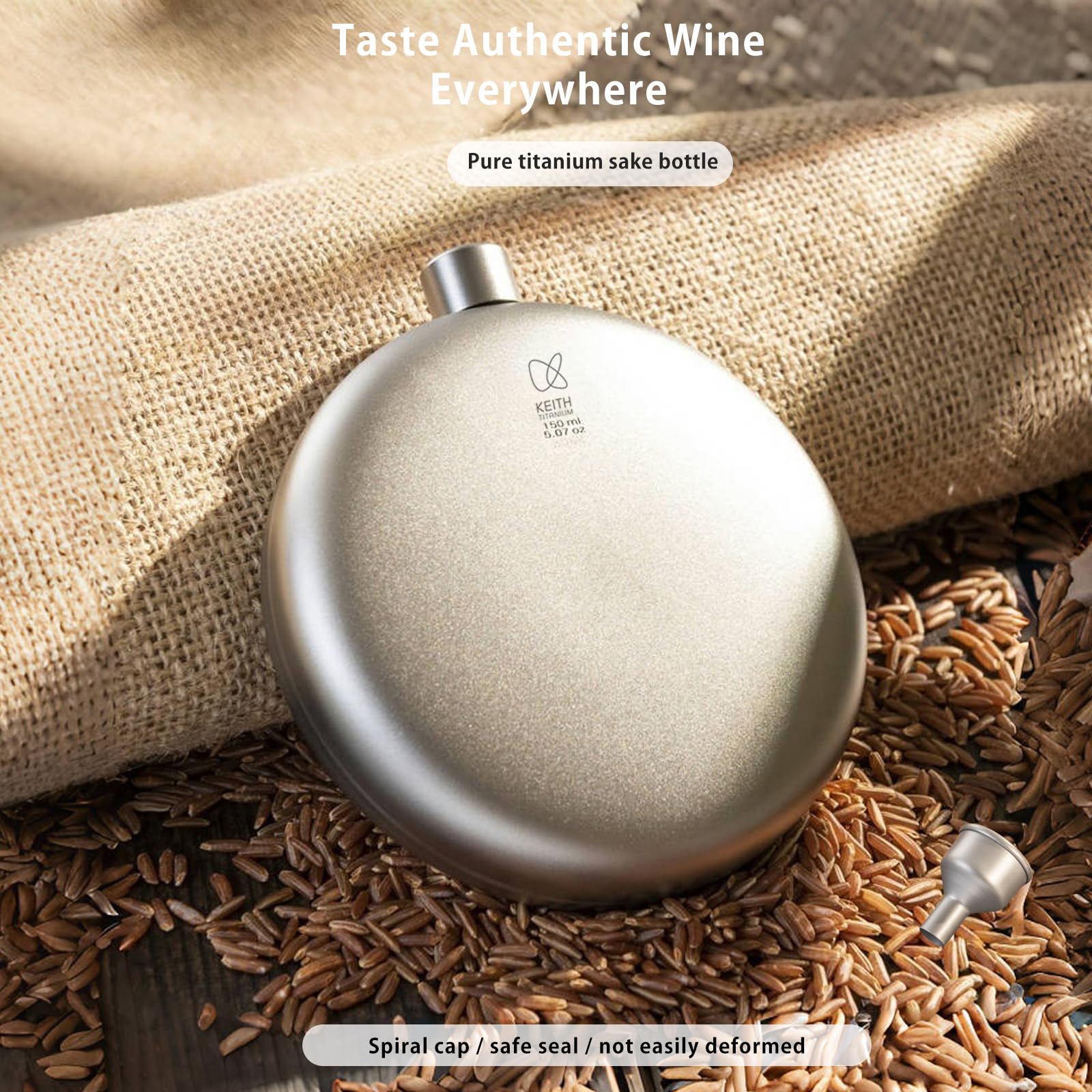 KEITH Ti9302 Titanium Hip Flask Portable Small Water Bottle for Whiskey, Liquor and Alcohol with Funnel Camping Equipment 5oz