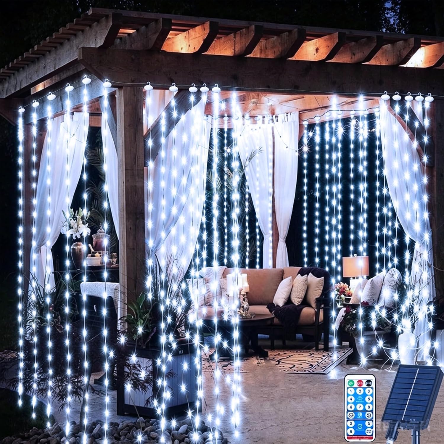 300 LED Lichtervorhang, 3M x 3M, Solarbetrieben, Weiß, 8 Modi, IP65 Wasserdicht, mit Fernbedienung und Timer, für Fenster, Hochzeit und Party