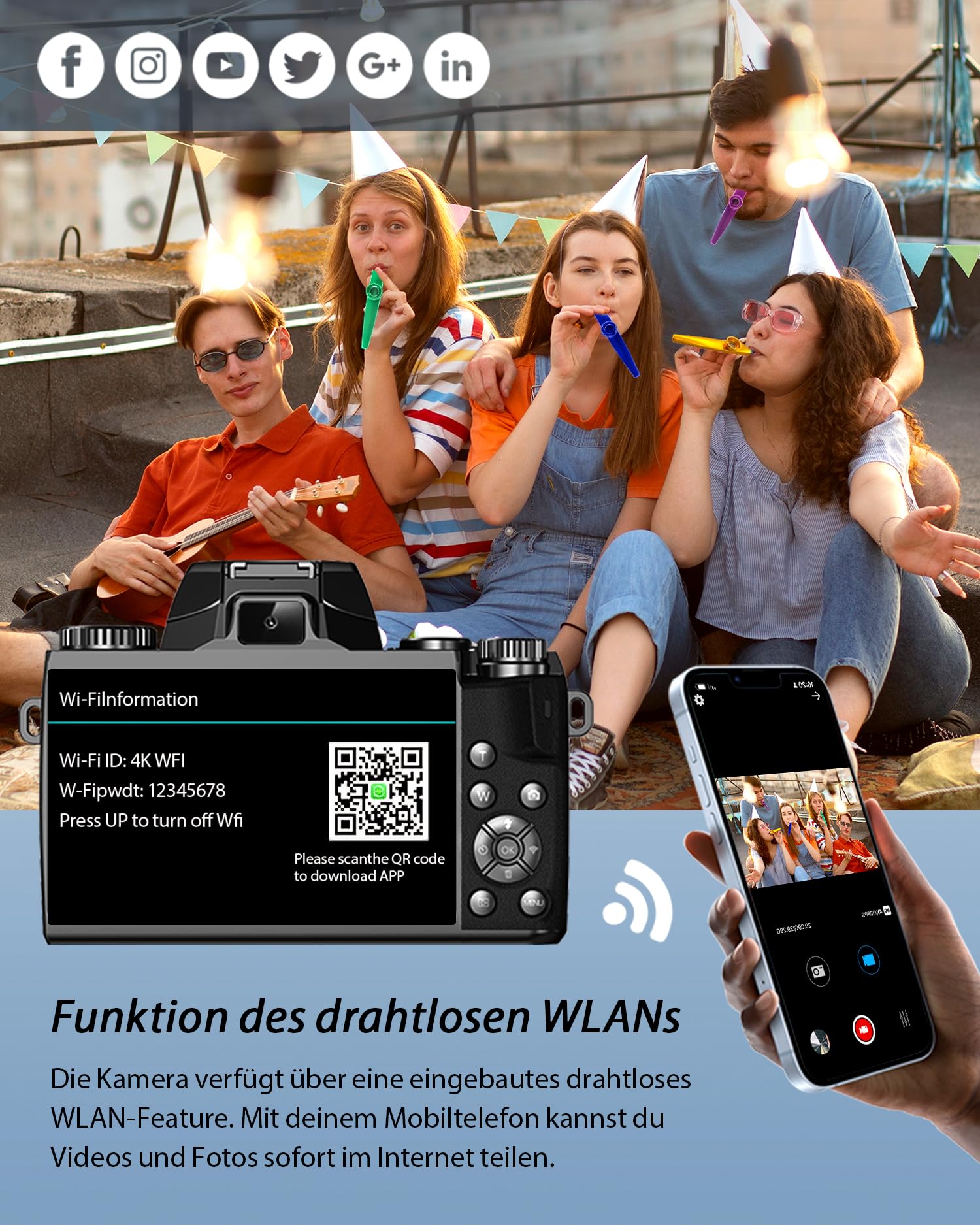 Digitalkamera 4K 64MP Fotokamera mit 4.0" Touchscreen, 16X Digitalzoom Kompaktkamera Mit für Anfänger mit WiFi, mit Kameratasche, 32GB TF-Karte