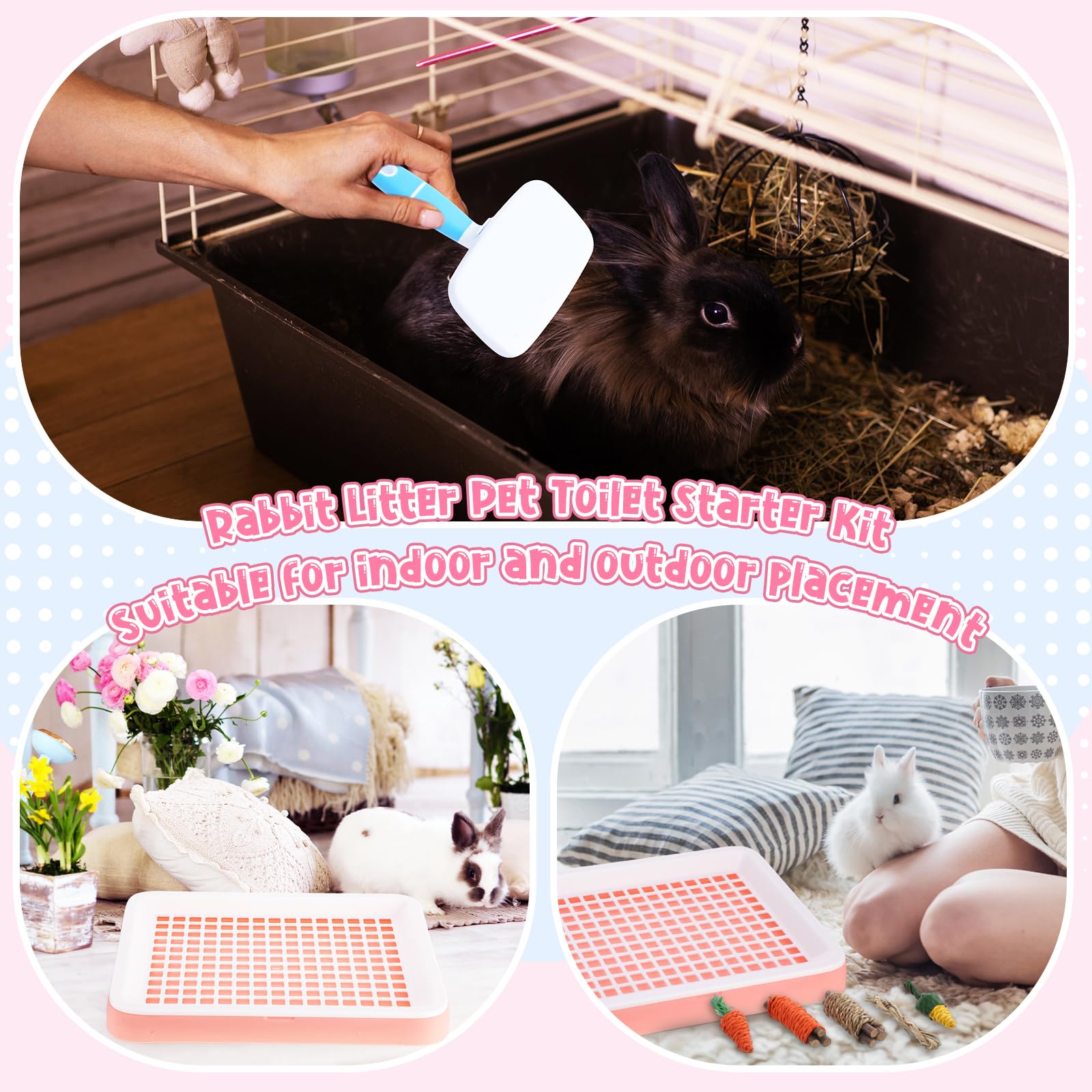 19 Pcs Rabbit Starter Kit Small Bunny Litter Box Rabbit Grooming Kit Water Bottle Bunny Toys Hay Feeder Bowl Blankets with Cleaning Set for Guinea Pig Accessories (Pink-White,Strawberry Bear) - image 7