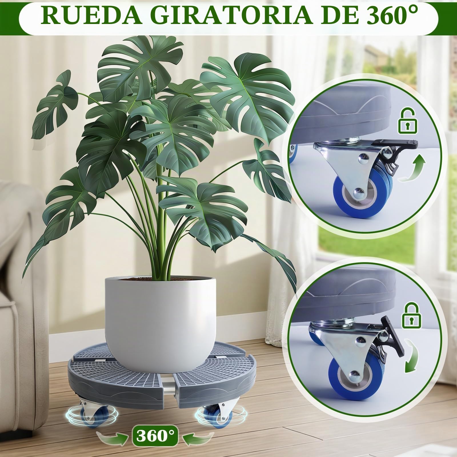 K KASONIC Base Móvil para Macetas con 4 Ruedas, Capacidad 150KG, Soporte Rodante Ajustable 37-43cm para Maceteros Grandes de Interior y Exterior, Incluye 5m de Cintas para Plantas Desgarrables