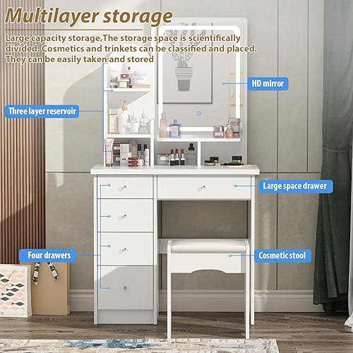Miniatura 3 de FUFU&GAGA Juego de tocador con espejo rectangular, tocador de maquillaje con 5 cajones, estantes, tocador y taburete acolchado (A blanco/espejo