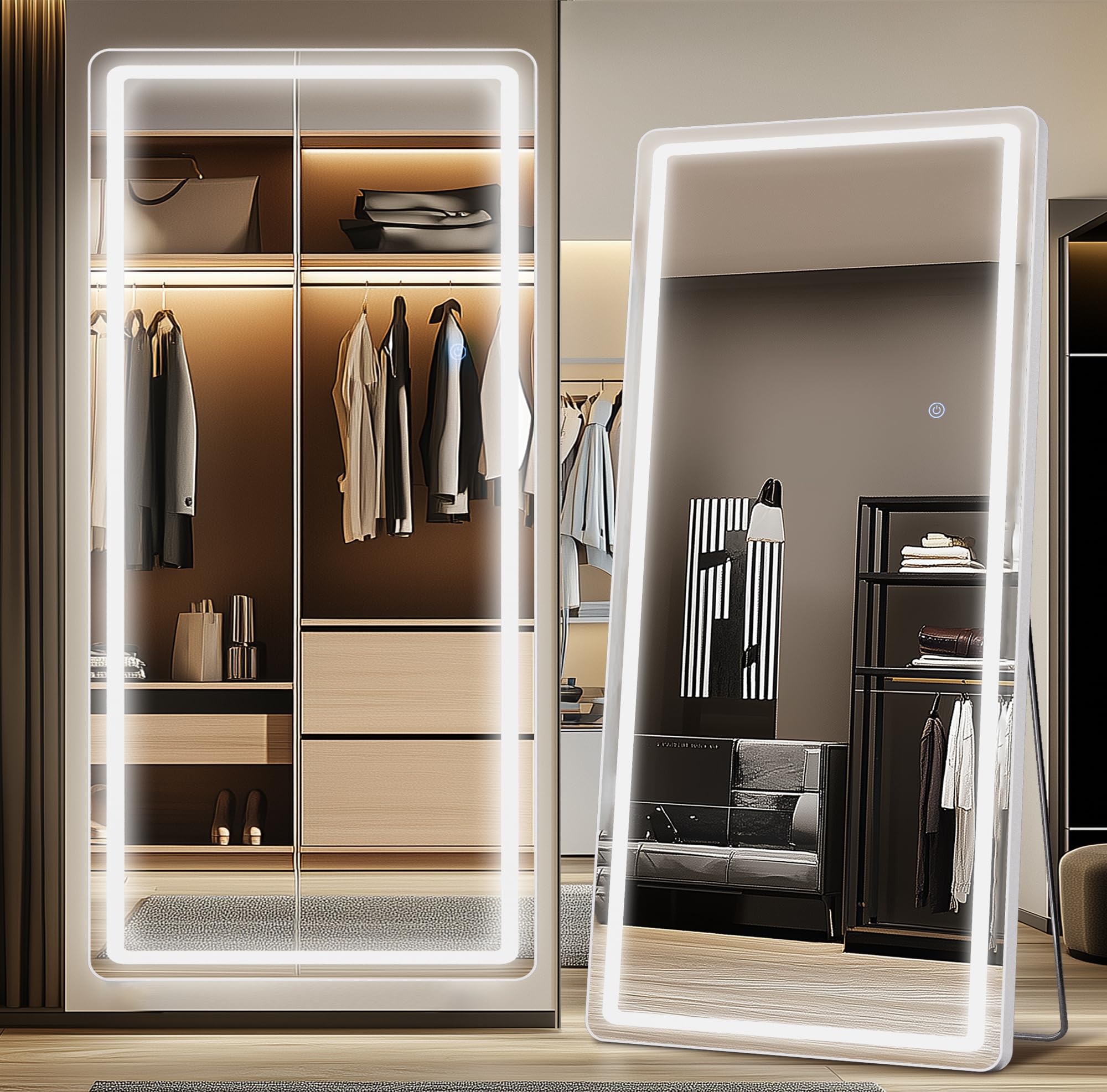 Antok LED Full Length Mirror, 71" x 28" Lighted Floor Standing LED Mirror Full Length,Hanging Mirrors with Stand Free Standing Floor Mirrors for Bedroom (Rect): 76"L x 34"W Rect Style White