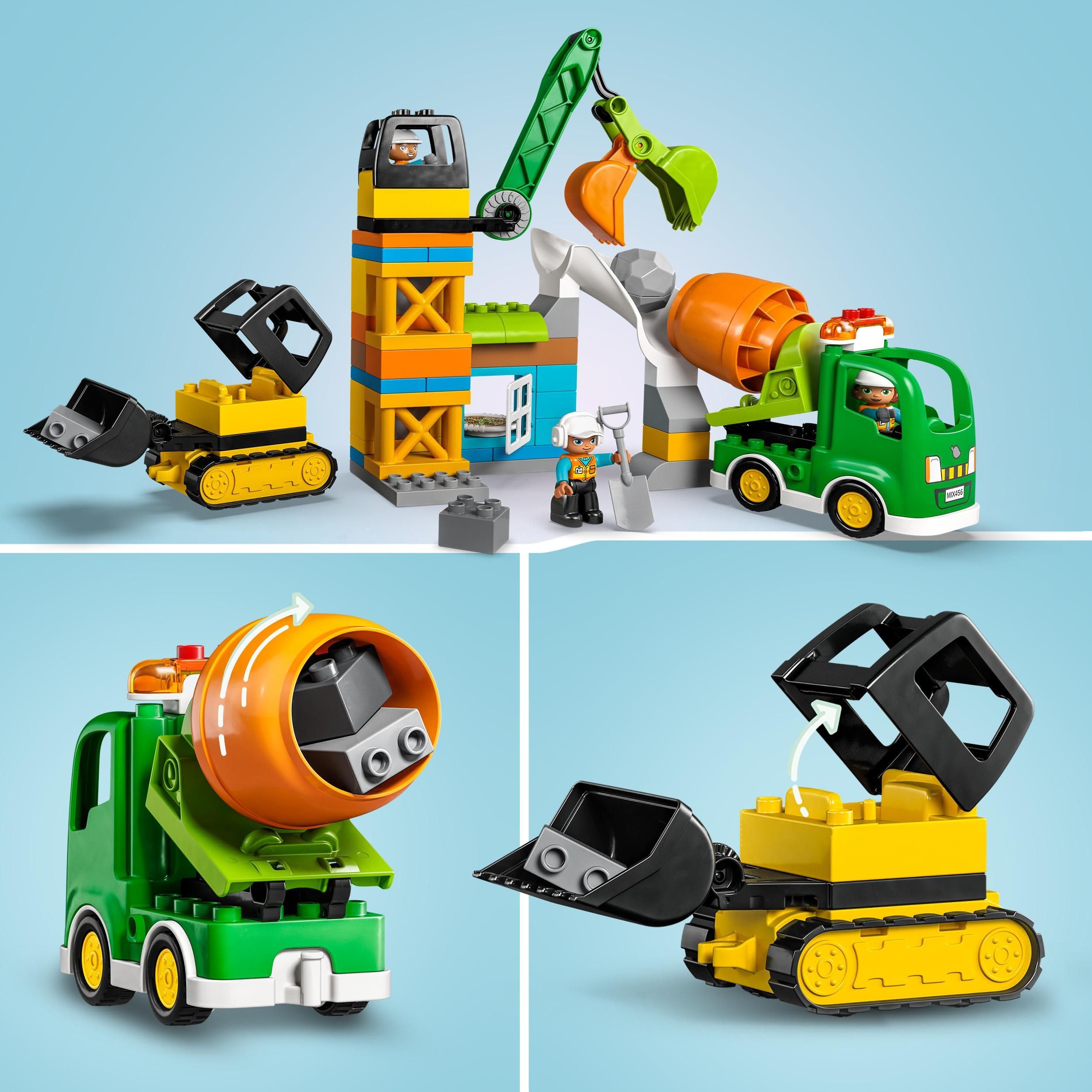 LEGO 10990 Duplo Obra, Set de Construcción con Grúa, Juguetes Educativos para Niños y Niñas de 2 Años o Más, Excavadora y Hormigonera, Minifiguras, Ladrillos de Iniciación y Caja de Almacenamiento