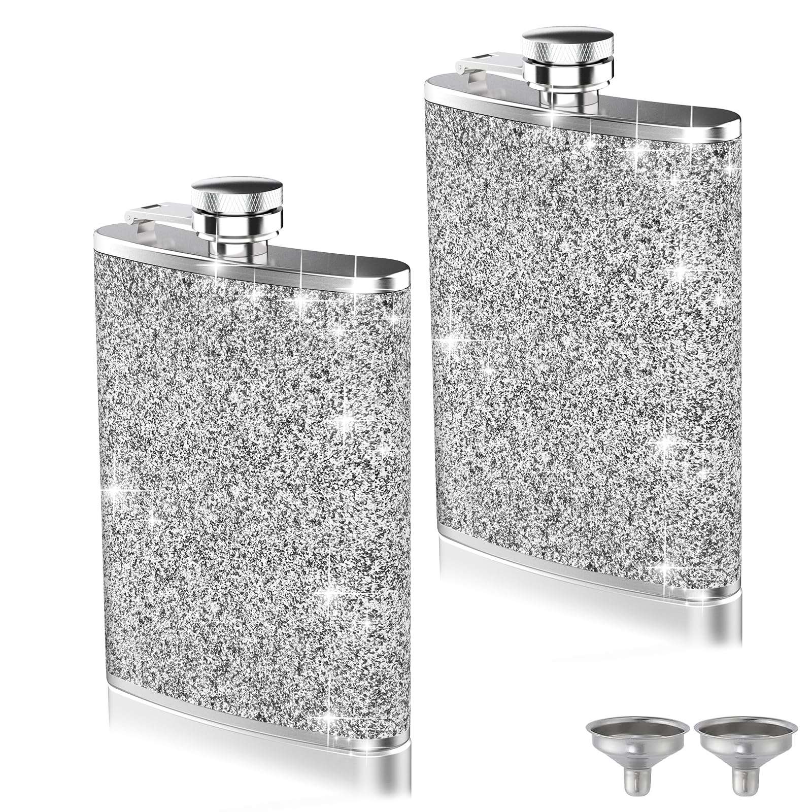 View 1 of 2-Pack 8 Oz Bling Hip Flasks for Liquor, Hianjoo Leakproof Stainless Steel Flasks with Funnel Pocket Flask for Women, Portable Metal Flask for Camping Outdoor Activity Wedding Party Gift, Silver