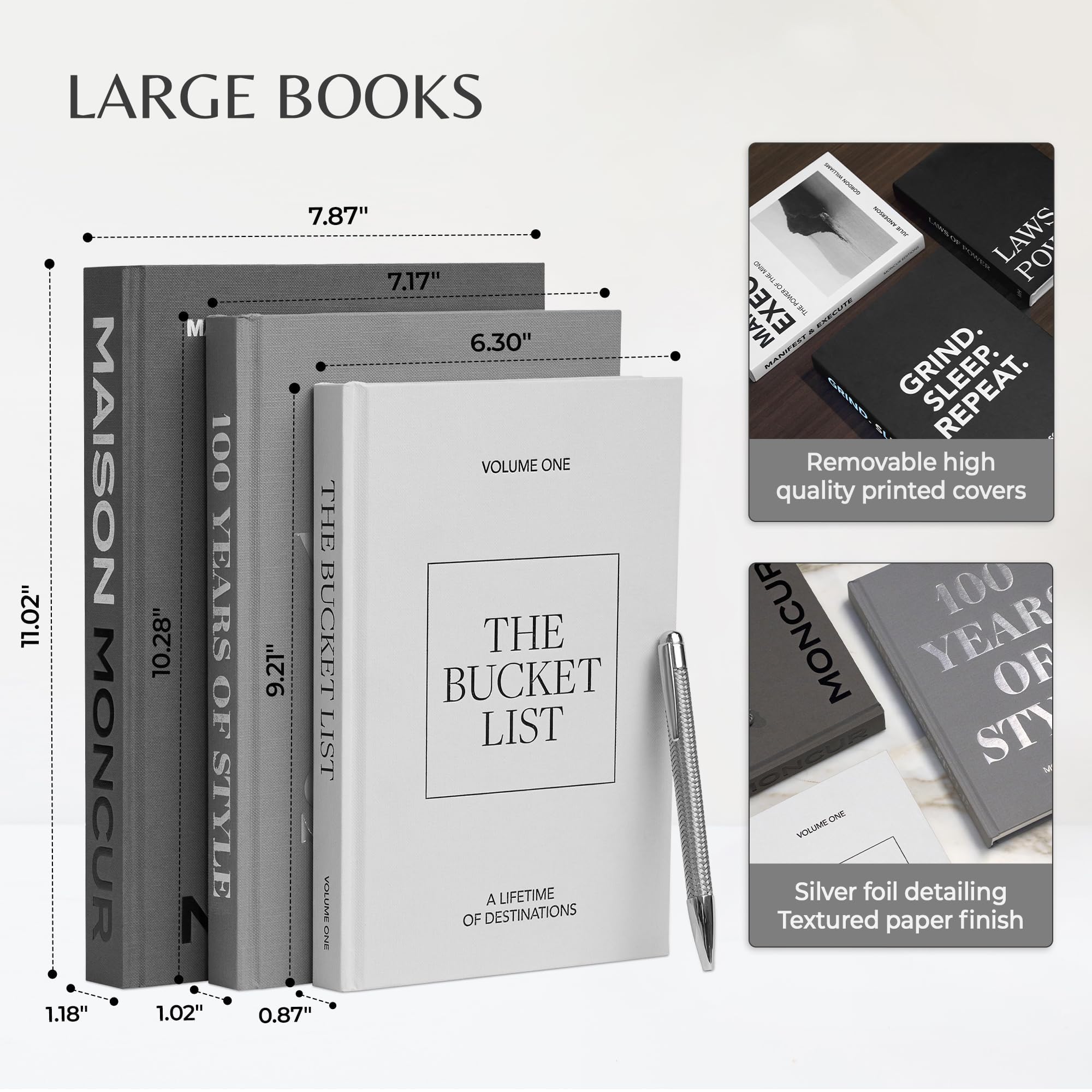 Moncur Home Set di 3 libri decorativi per tavolino da caffè, con copertina rimovibile e pagine bianche vere, per arredamento moderno della casa, stile mensola e interni estetici