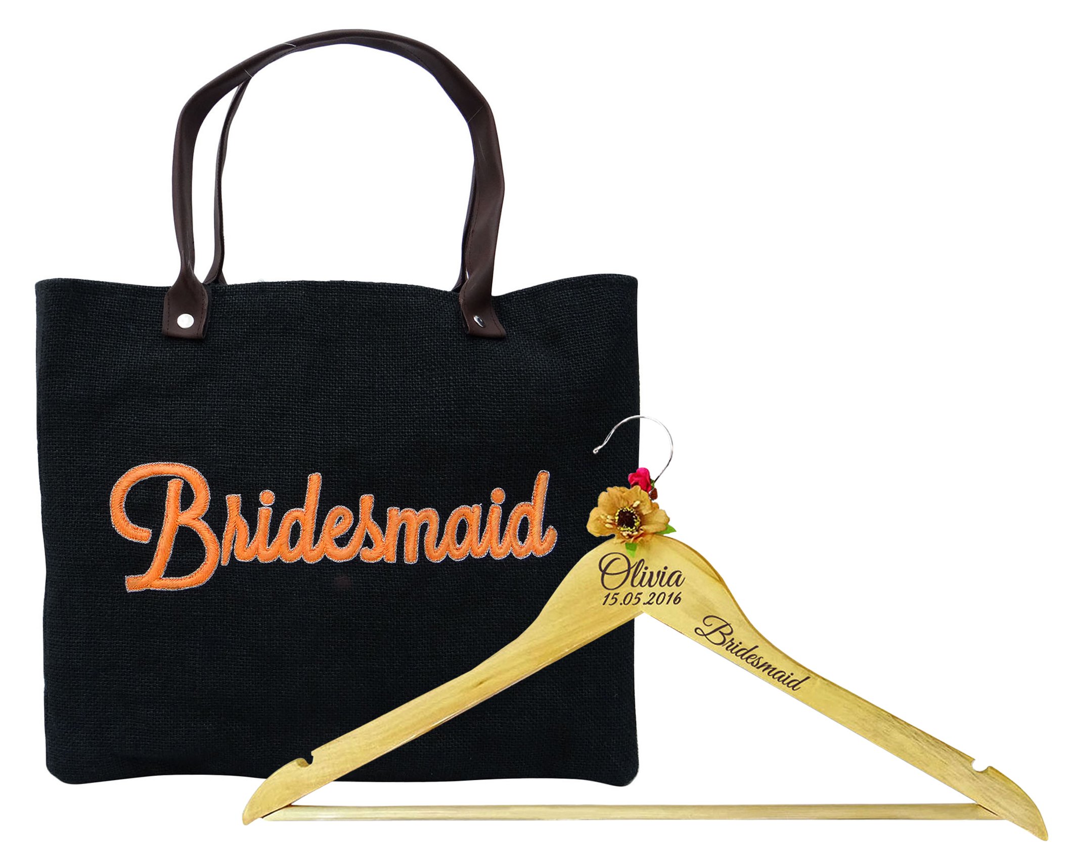 La Dama de Honor Bolsa de Yute con Personalizado Nombre Grabado Favor Percha de Madera de la Boda le agradece Regalo