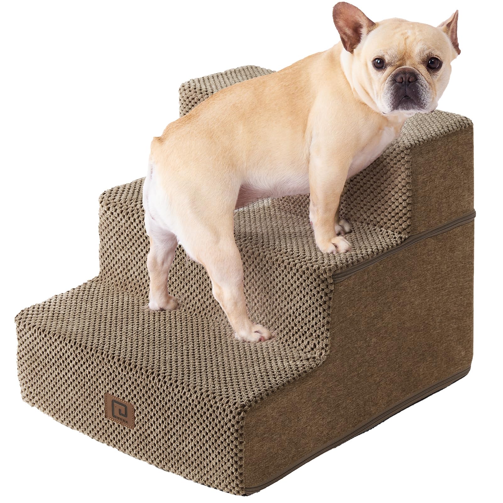 EHEYCIGA Dog Stairs for Small Dogs 13.5" H, 3-Step Dog Steps for Cats, Camel