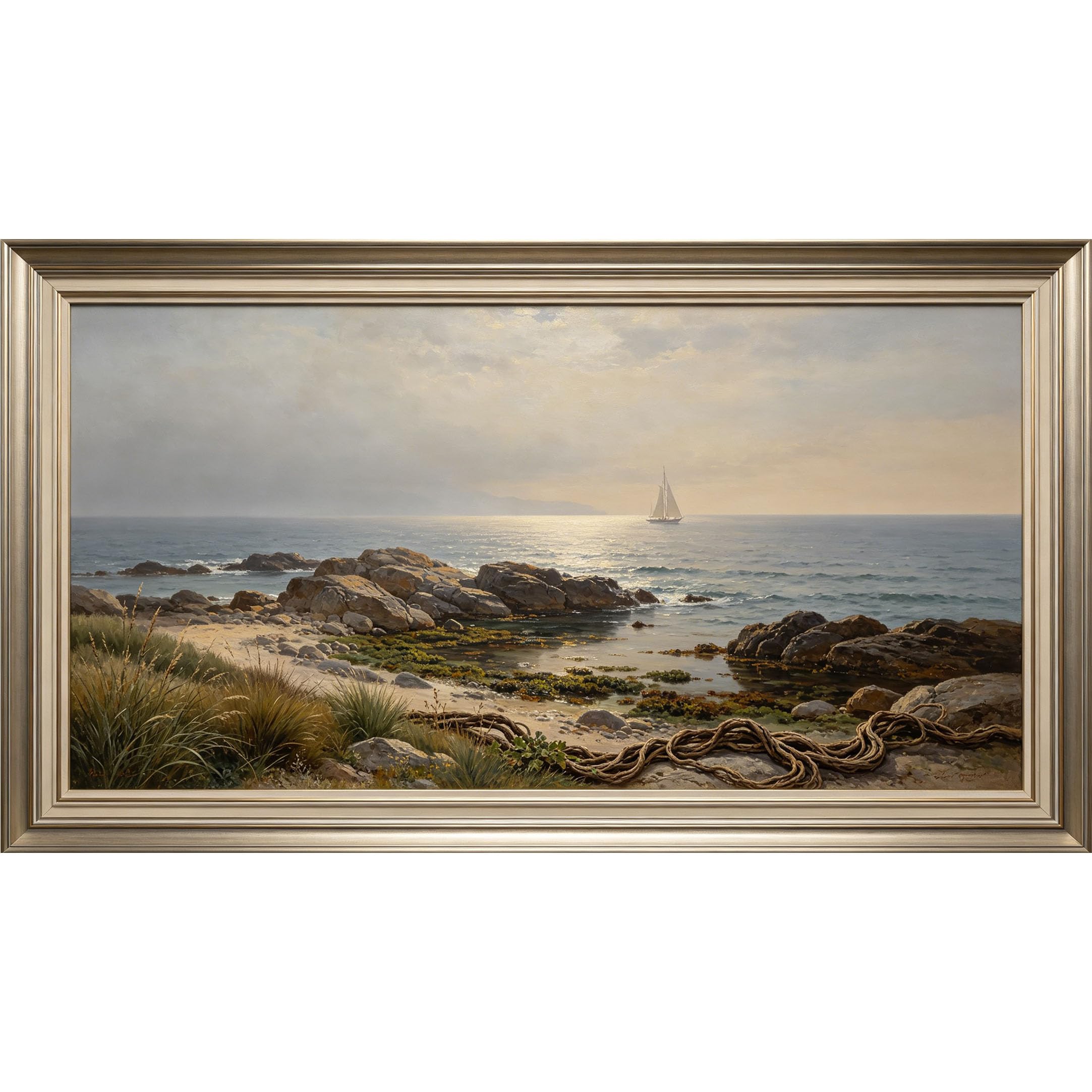 QZLITHOTIC 50x90cm3D Framed Wall Art， Coastal Ocean Sailboat Sunset Landscape Self‑Adhesive Mural， Water‑Activated Peel & Stick Fabric Decor Wall Decal for Bedroom Living Room