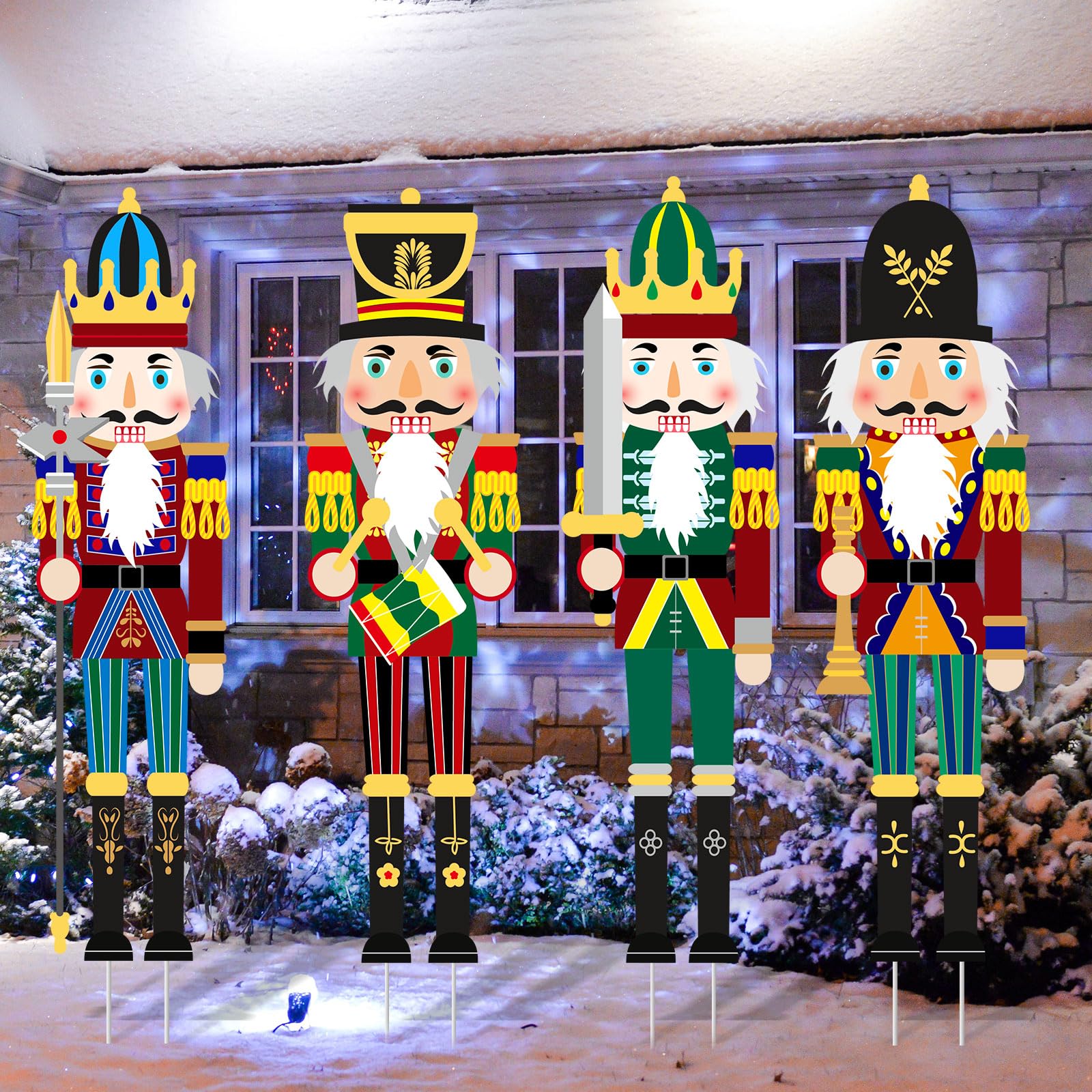 Soaoo Lot de 4 Panneaux de Noël Casse-Noisette avec Grands piquets pour décoration de Cour de Noël, décoration de Noël pour extérieur, pelouse, Porche