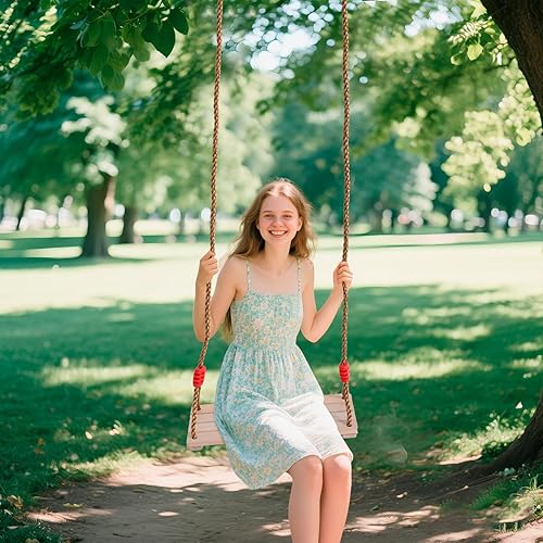 Miniatura 6 de Asiento columpio de madera de haya maciza para niños, juego de columpio de cuerda ajustable para niños de 16 x 6 x 0.5 pulgadas, silla colgante