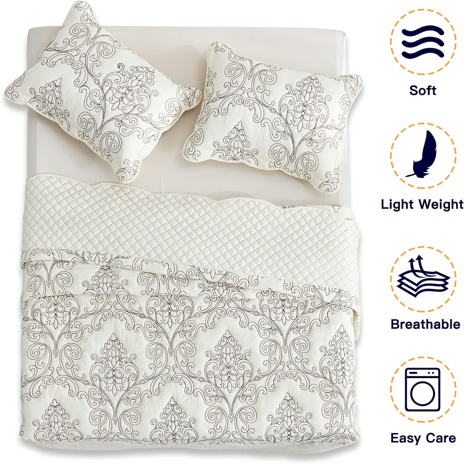 CHIXIN Oversized King Bedspread 128x120 Extra Wide - Lightweight Bedding Cover - Beautiful Stitching - 5 Piece Reversible Bedspread - Luxury Damask Paisley Pattern (King/Cal King, Ivory) - Image 3