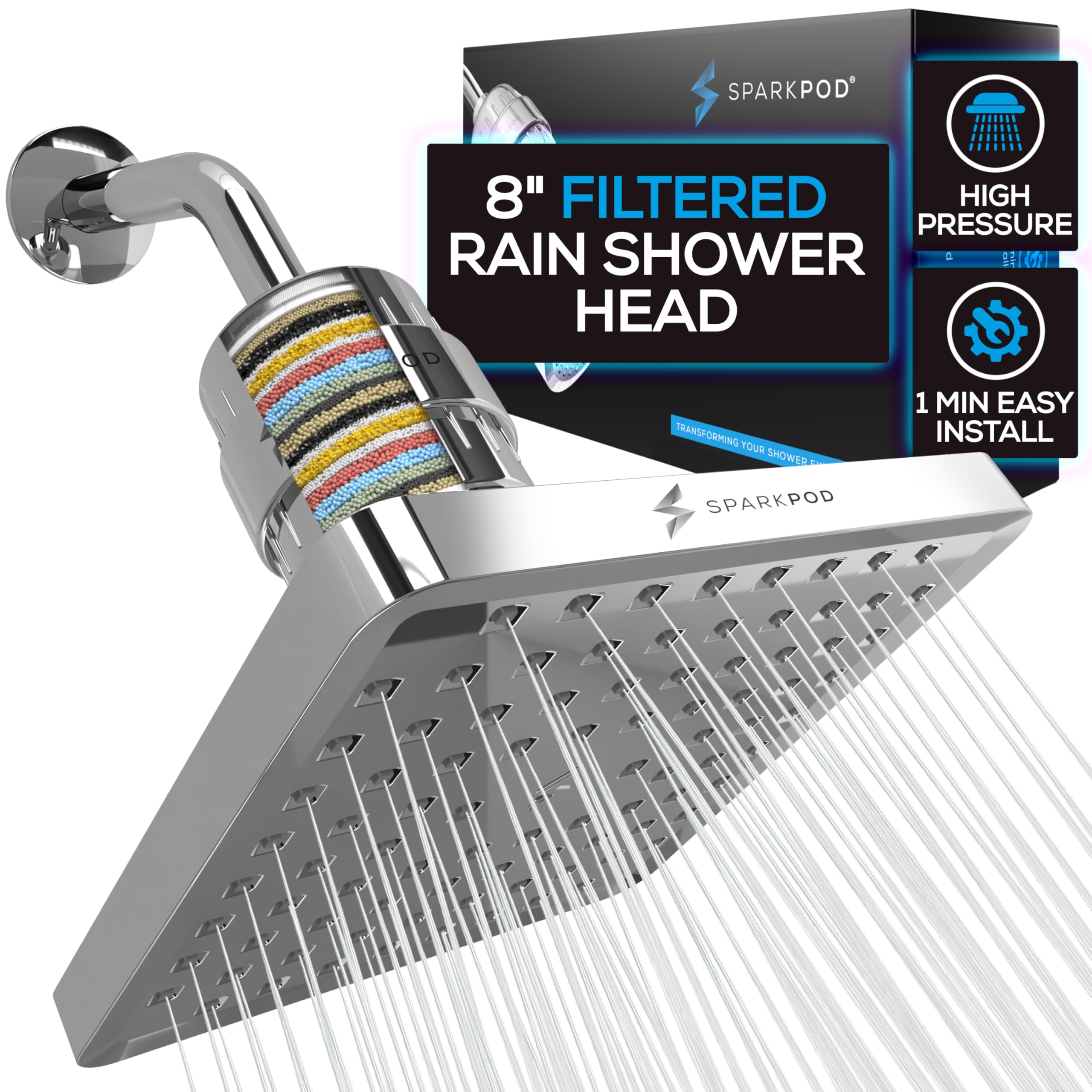 SparkPod Luxury Filtered Shower Head Set 23 Stage Shower Filter - Reduces Chlorine and Heavy Metals - High Pressure Showerhead Filter (8" Square, Luxury Polished Chrome)