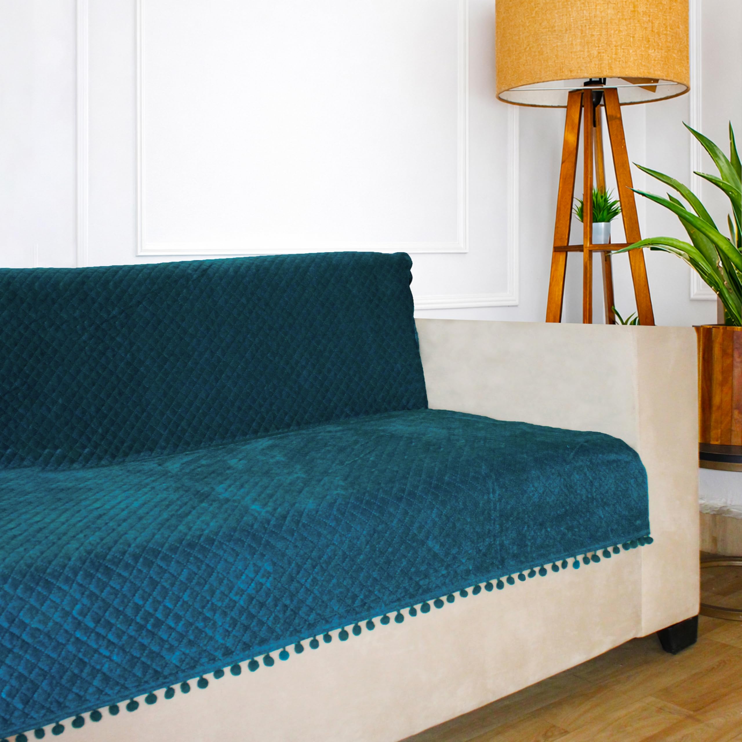 STITCHNEST 'Maison Plush Series' Quilted Velvet Sofa Cover 1 Seater Fully Covered | Premium Soft Fabric, Washable & Fade Resistant | Castelton Green Sofa Protector with Pompom | Size 24x60 Inch