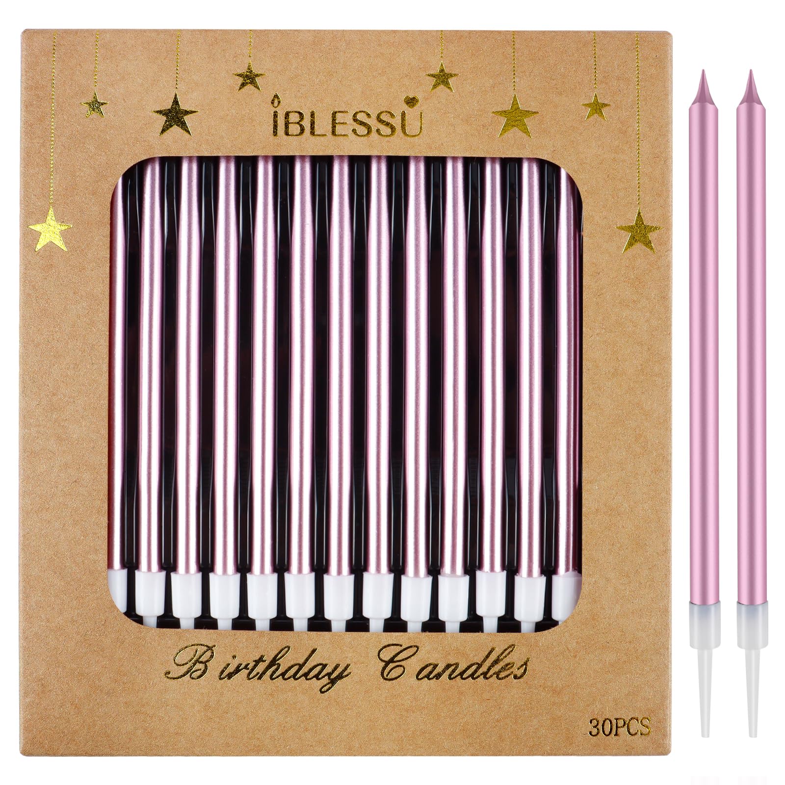 30 velas largas de cumpleaños – Portavelas de cumpleaños en oro, plata, oro rosa, morado, champán, oro, negro, rojo, velas de pastel, fiestas de cumpleaños, decoraciones de boda (oro rosa)