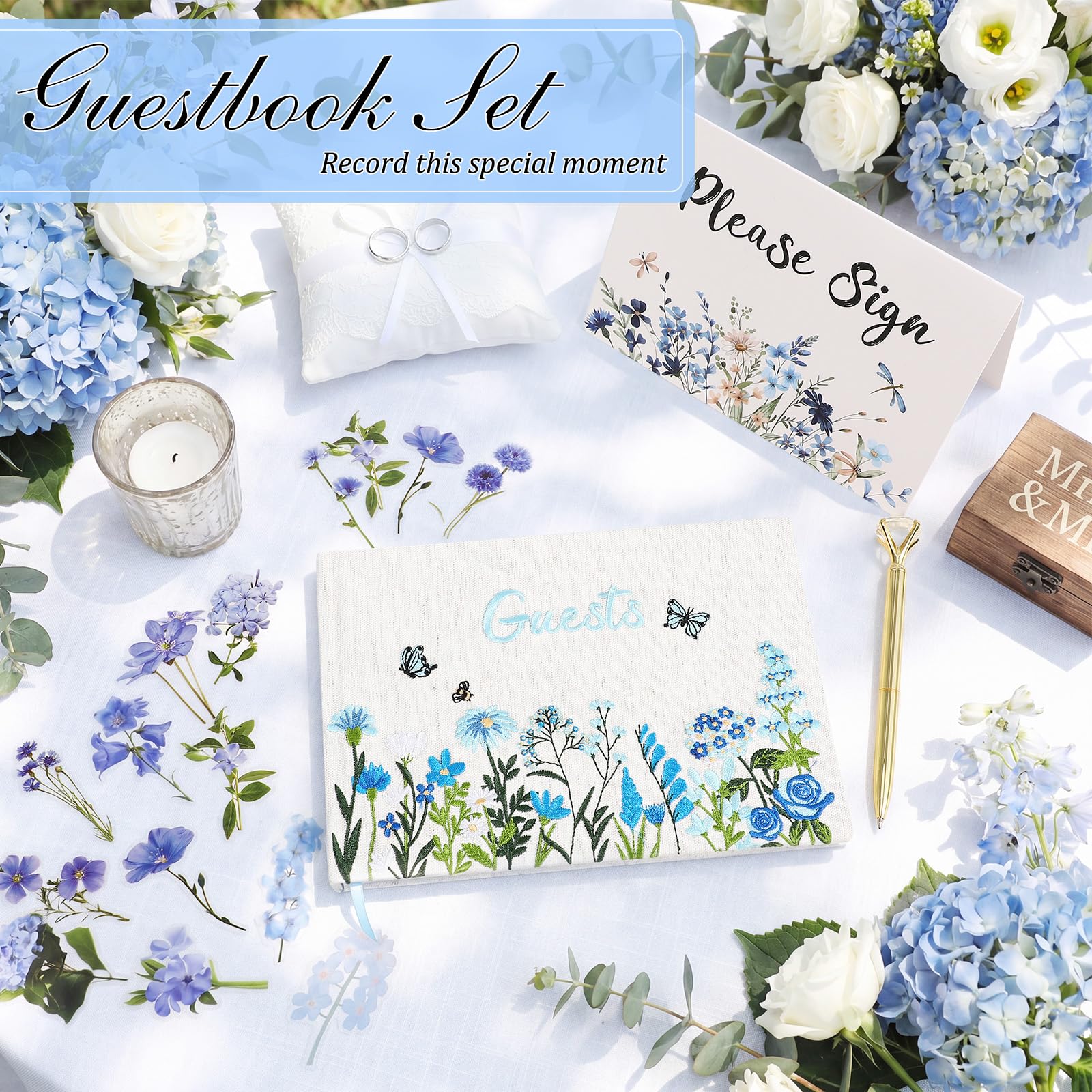 Ctosree Hochzeits-Gästebuch mit Stiften Wildblumen, besticktes Stoff-Fotoalbum, Hardcover, Gästebuch, Hochzeitsempfang für Babyparty, Party, Brautparty (Blau, 21,6 x 15,2 cm)
