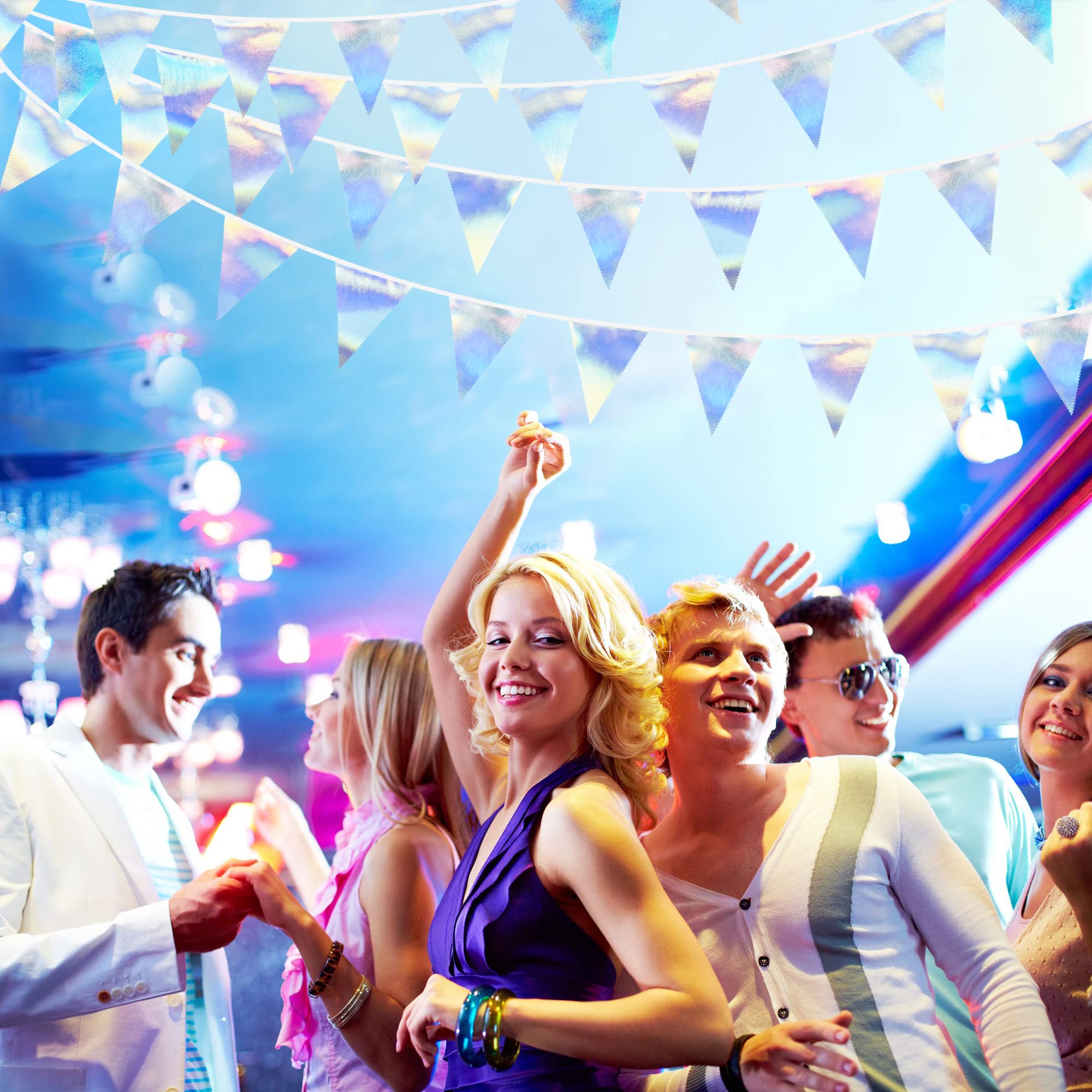 Decoración de fiesta iridiscente de 33 pies tela holográfica triángulo banderín bandera bandera de algodón guirnalda para cumpleaños boda boda despedida de soltera compromiso discoteca euforia galaxia