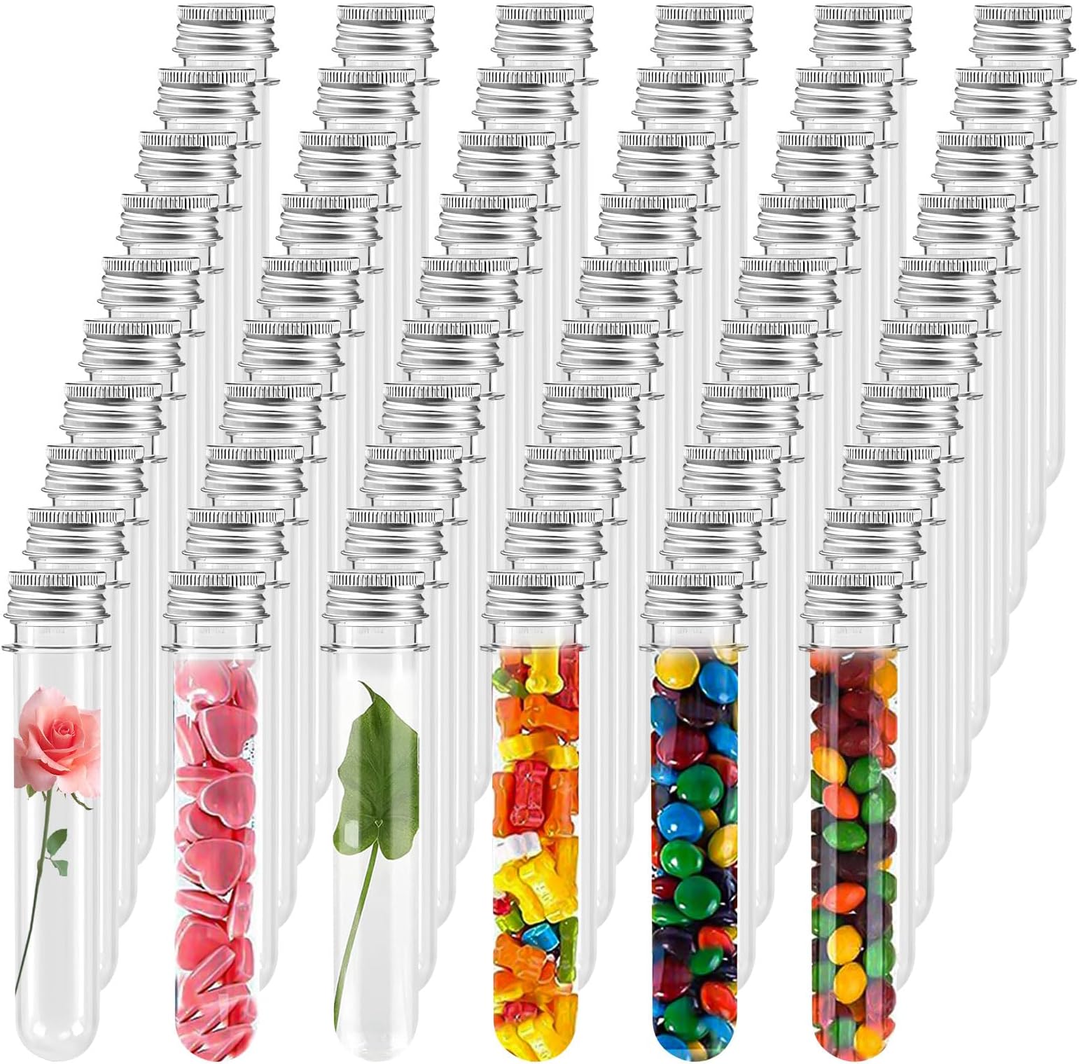 60PCS Clear Plastic Test Tubes, 45ml Test Tubes with Screw Caps, Reusable Transparent Tube Container for Flower Jewelry Spice Liquids Beads Candy Storage Laboratory