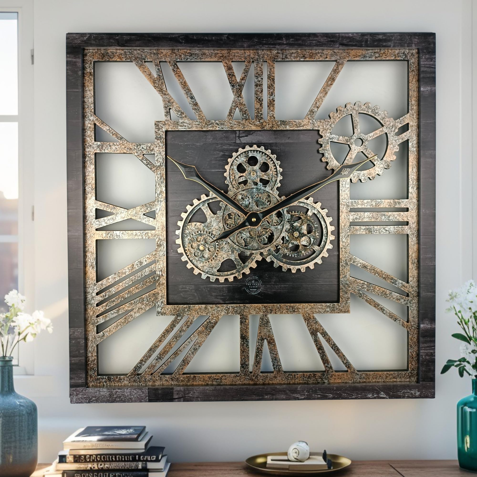 ImprovingLife The Gears Clock 24'' Inch Square Real Moving Gear Wall Clock Vintage Industrial Oversized Rustic Farmhouse (Vintage Black)