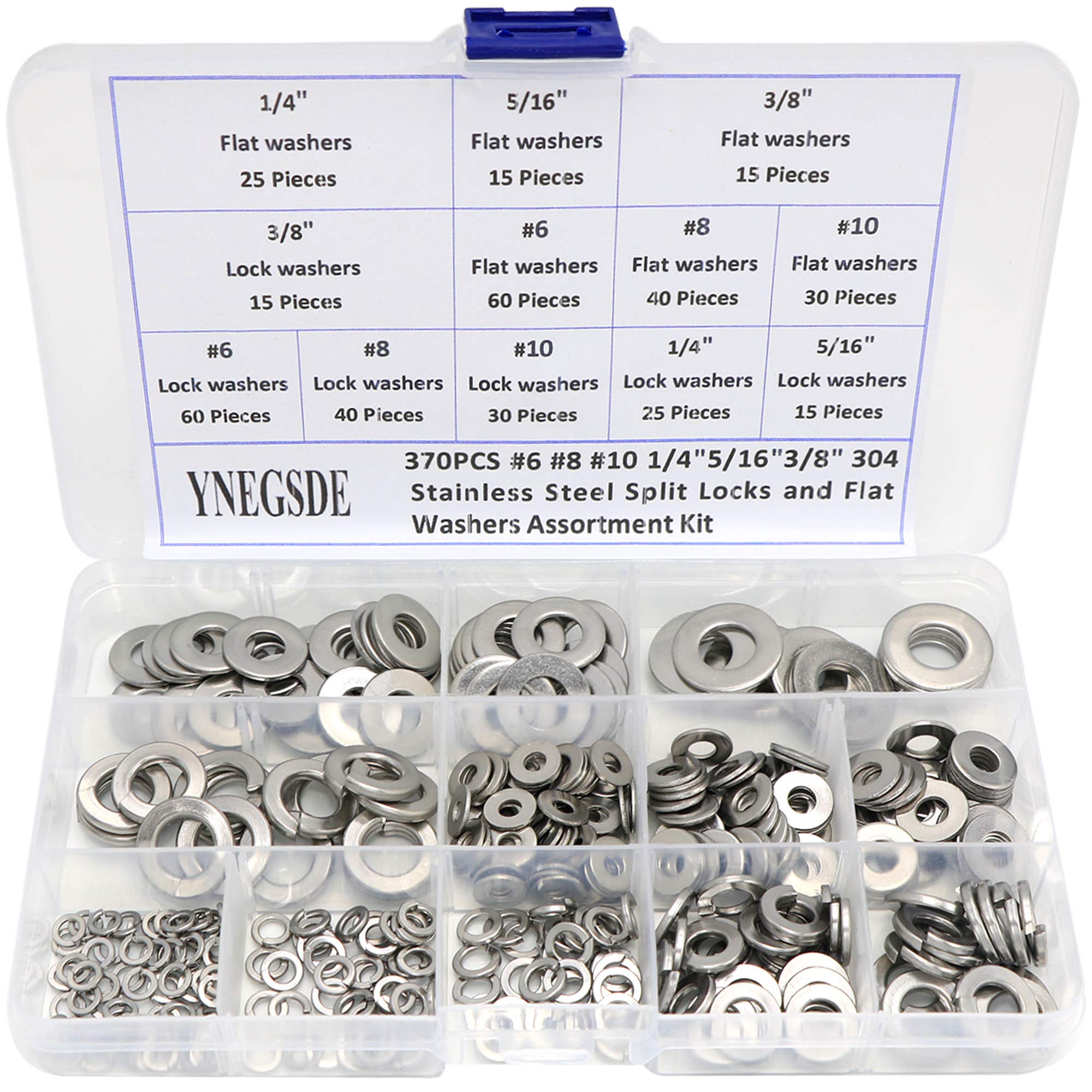 304 Stainless Steel Washers 6# 8# 10# 1/4'' 5/16'' 3/8'' Split Lock Washer and Flat Washer Assortment-370PCS