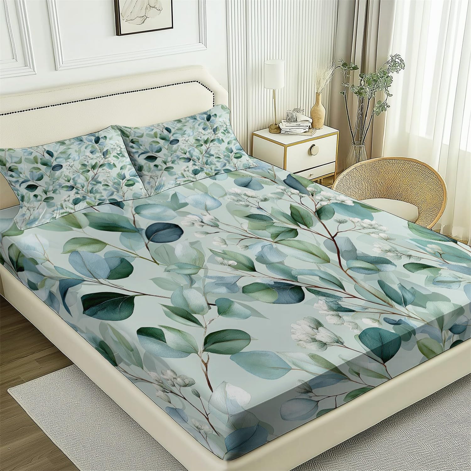 Drap Housse Vert Feuilles Plantes de à l'aquarelle - Drap-Housse Microfibre Brossée,Antidérapant Ajustable Housse Matelas 180 x 240 avec 2 Taie d'oreiller 65x65, pour Adolescents et Adultes