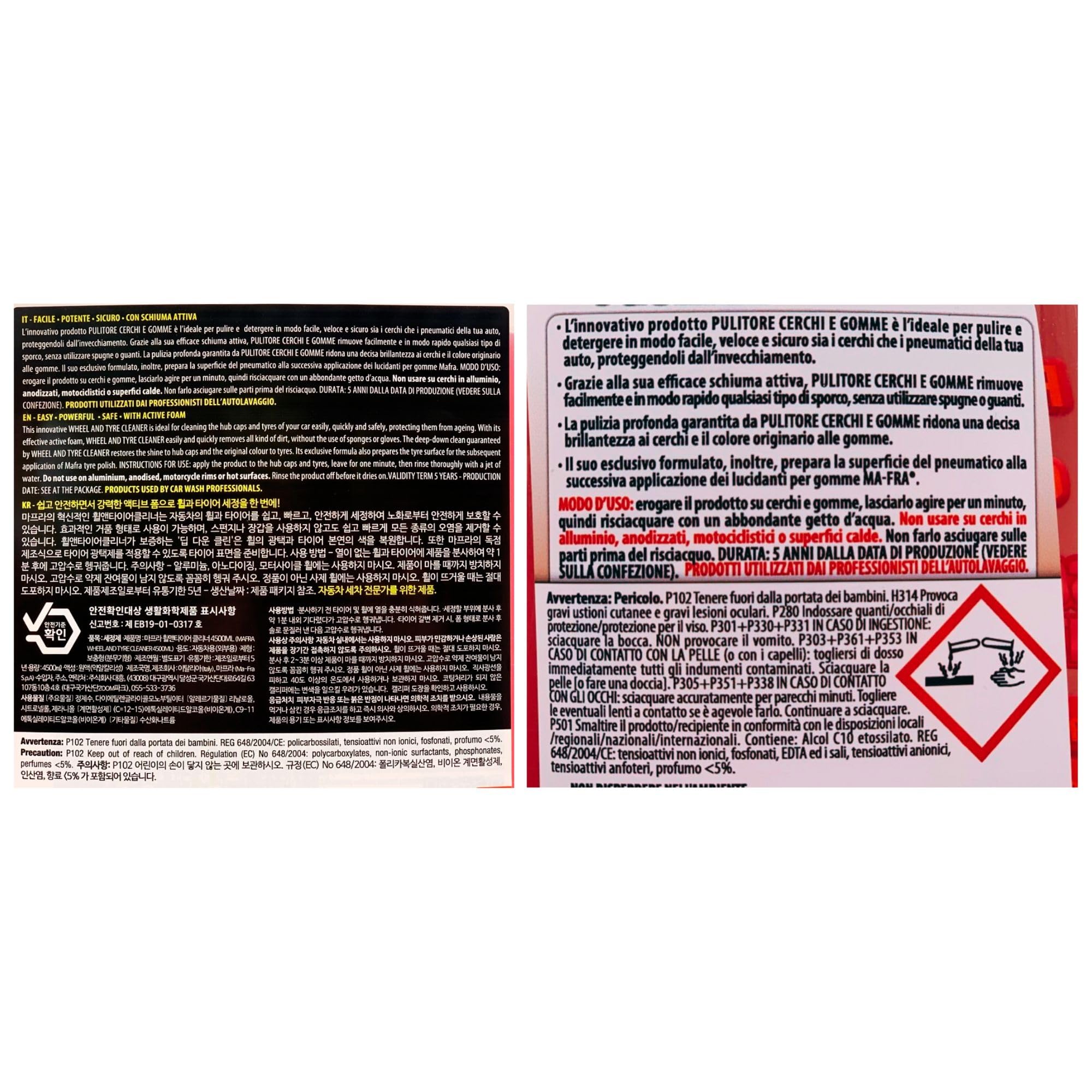 SET PULITORE CERCHI E GOMME Con Schiuma Attiva. Deterge e Sgrassa Gli Pneumatici Delle Auto: Tanica 4500ml + Trigger 500ml + Confezione Da 5 Panni In Microfibra, Formato 30x35cm