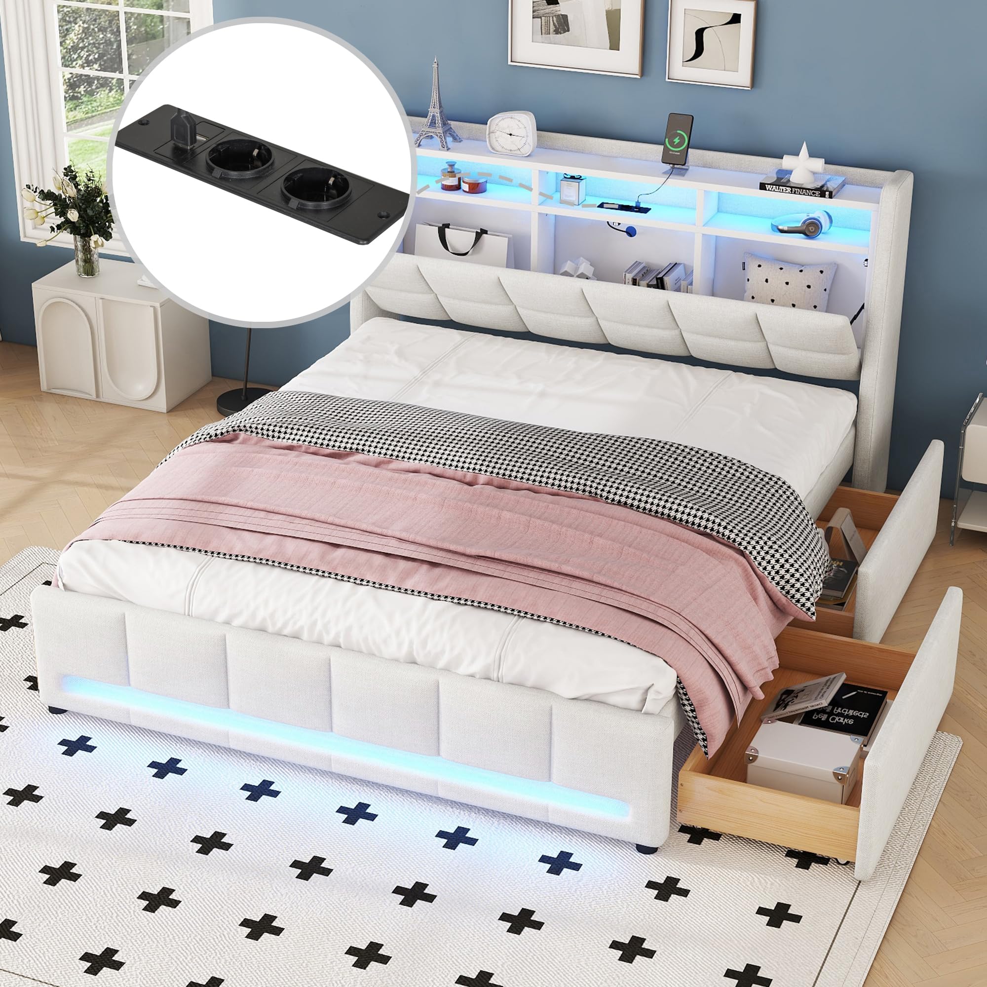 Aoskem Polsterbett Doppelbett 140x200 cm, LED-Bett mit 2 Schubladen, Kopfteil mit Stauraum & USB-Buchse, Stauraumbett Bettgestell mit Lattenrost, Funktionsbett Flachbett, Ohne Matratze, Leinen Beige