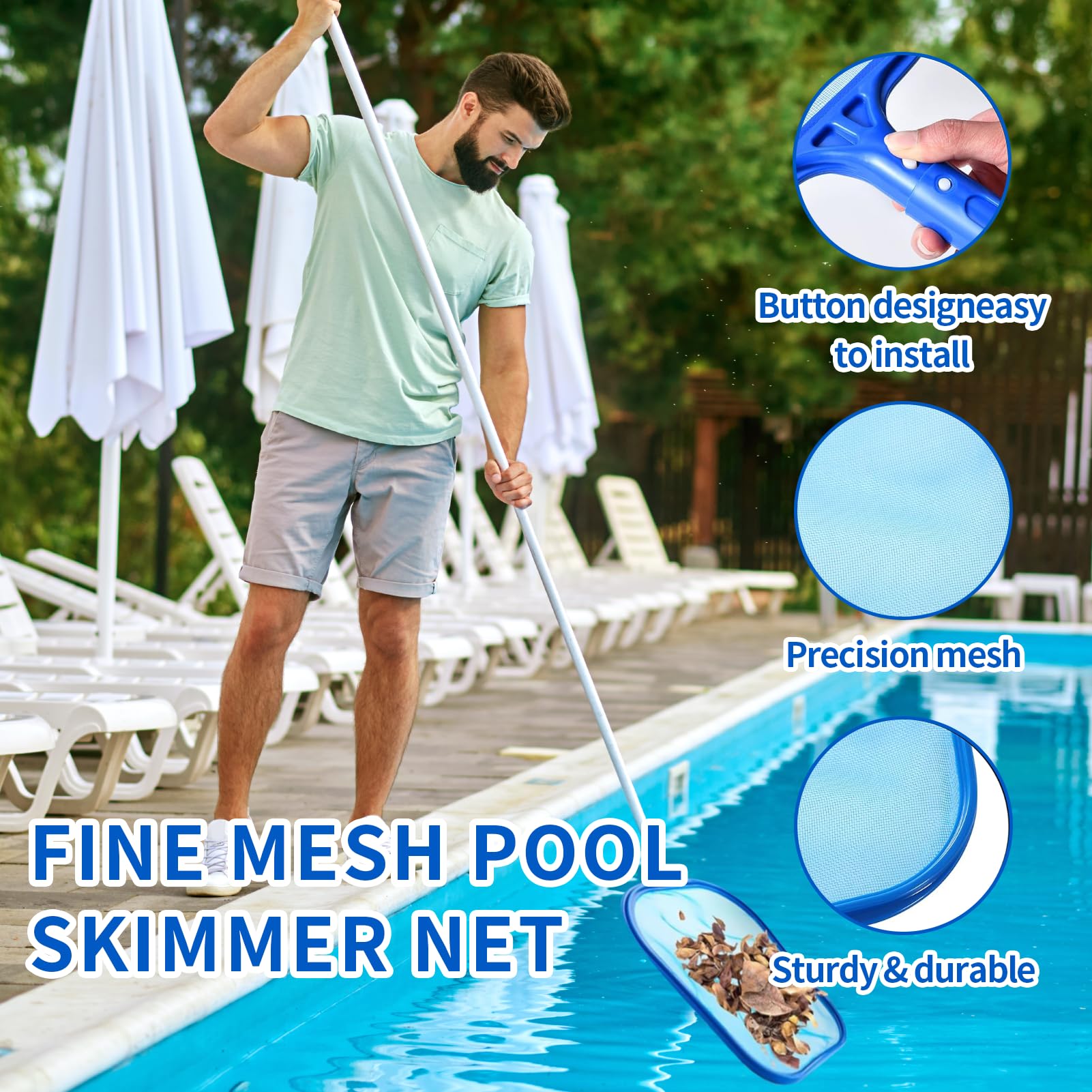 Kit de nettoyage de piscine, filet de 150 cm, brosse de piscine en maille fine avec poteau en aluminium de 119,4 cm pour maison, jardin, étang, spa (brosse de piscine + filet)