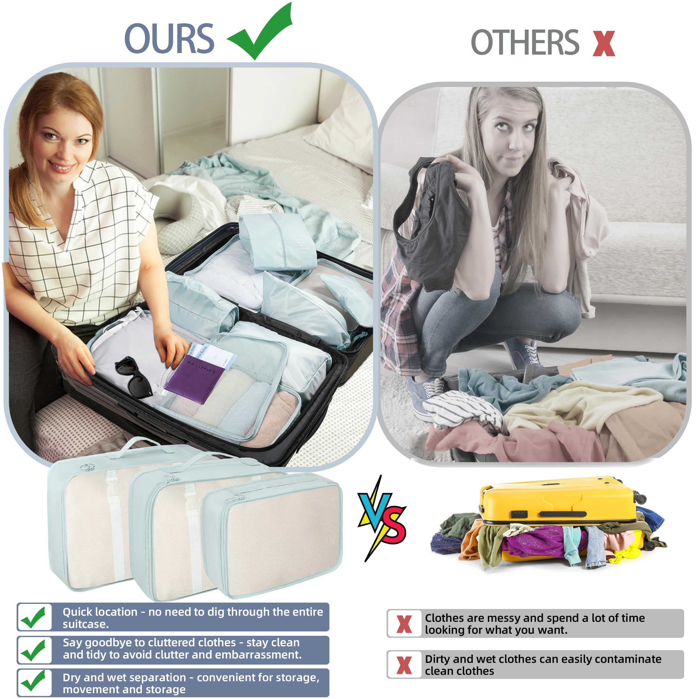 Juego de 10 cubos de embalaje para viajes, organizador de maletas esenciales de viaje, bolsas organizadoras de equipaje, organizadores de equipaje expandibles, bolsas de viaje, cubos de embalaje para
