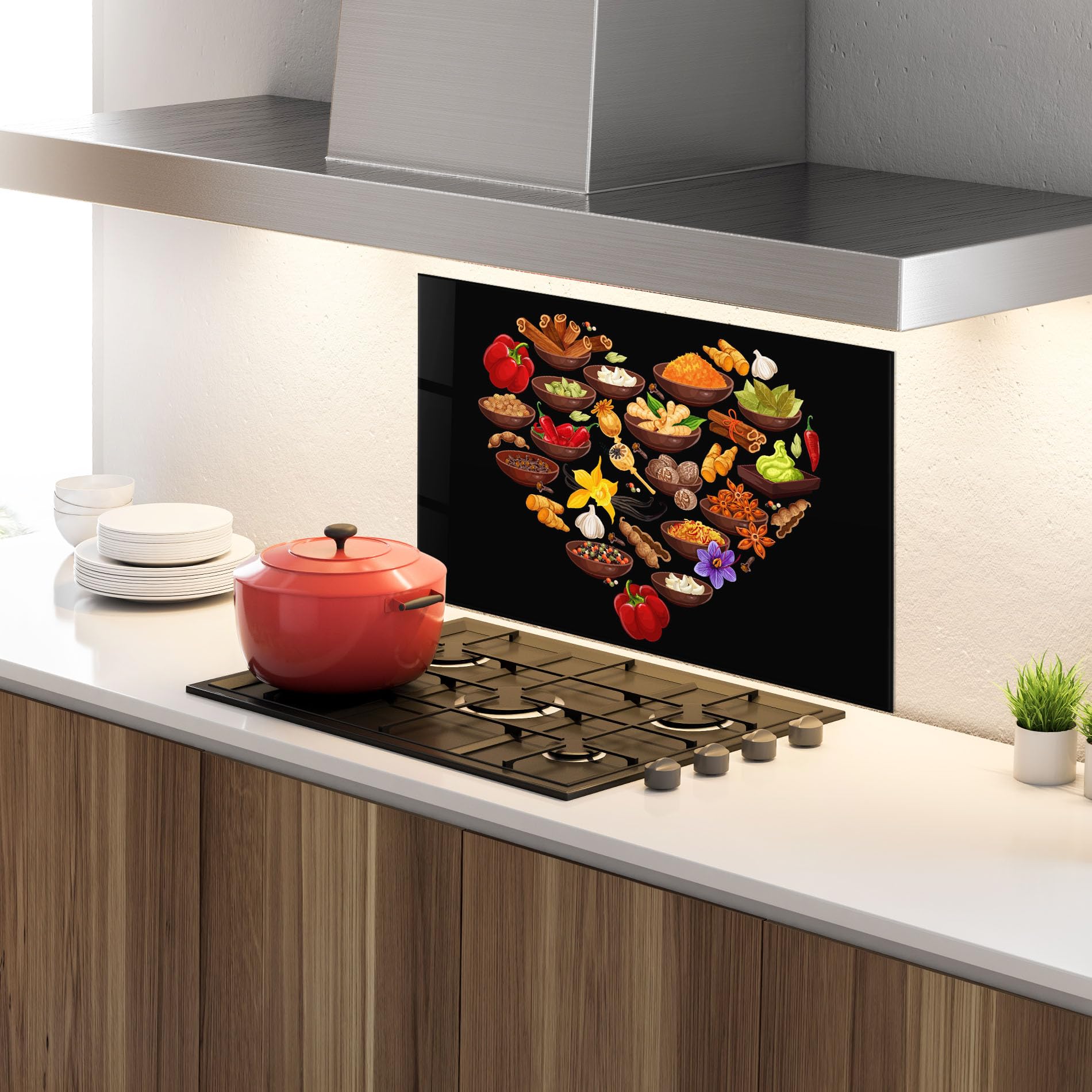 ARTHUB® Crédence de Cuisine en Verre 70x100 cm, Seasoning Heart | Protection Contre Les éclaboussures, Revêtement Mural en Carreaux, Plaque en Verre, Verre trempé, Aliments, Épices